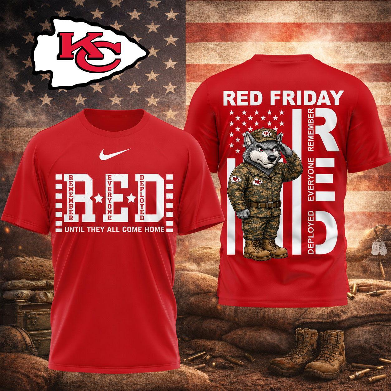 Kansas City Chiefs | Premium NFL Red Friday Remember Everyone Deployed Veteran Tribute T-Shirt TD