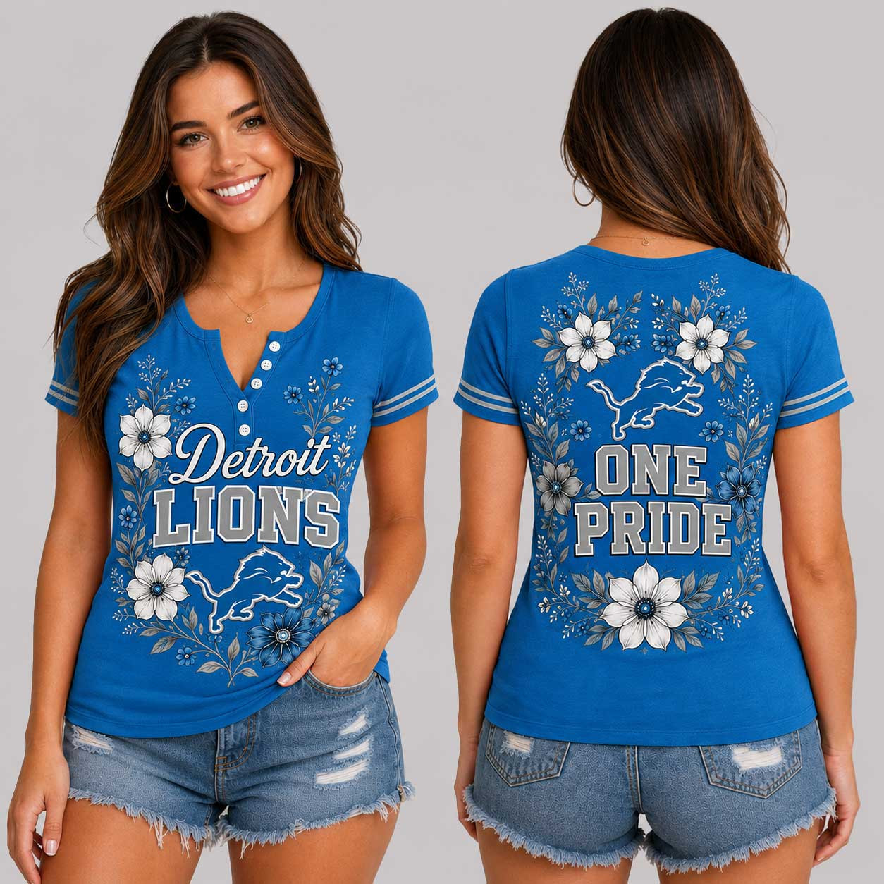 Detroit Lions | Premium NFL Team Pride Elegant Game Day Women’s Button V-Neck Shirt TD