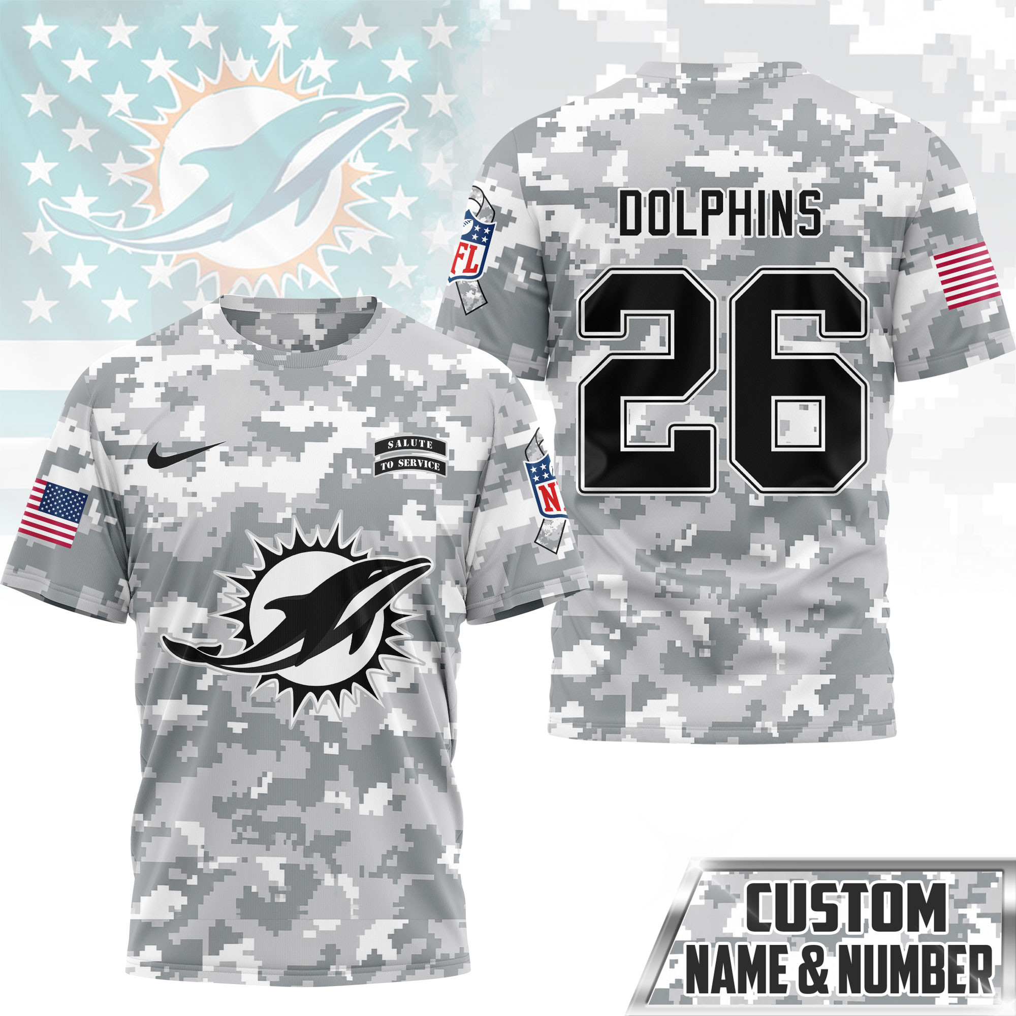 Miami Dolphins | Premium NFL Salute to Service Custom Name & Number Camo 3D Shirt NY