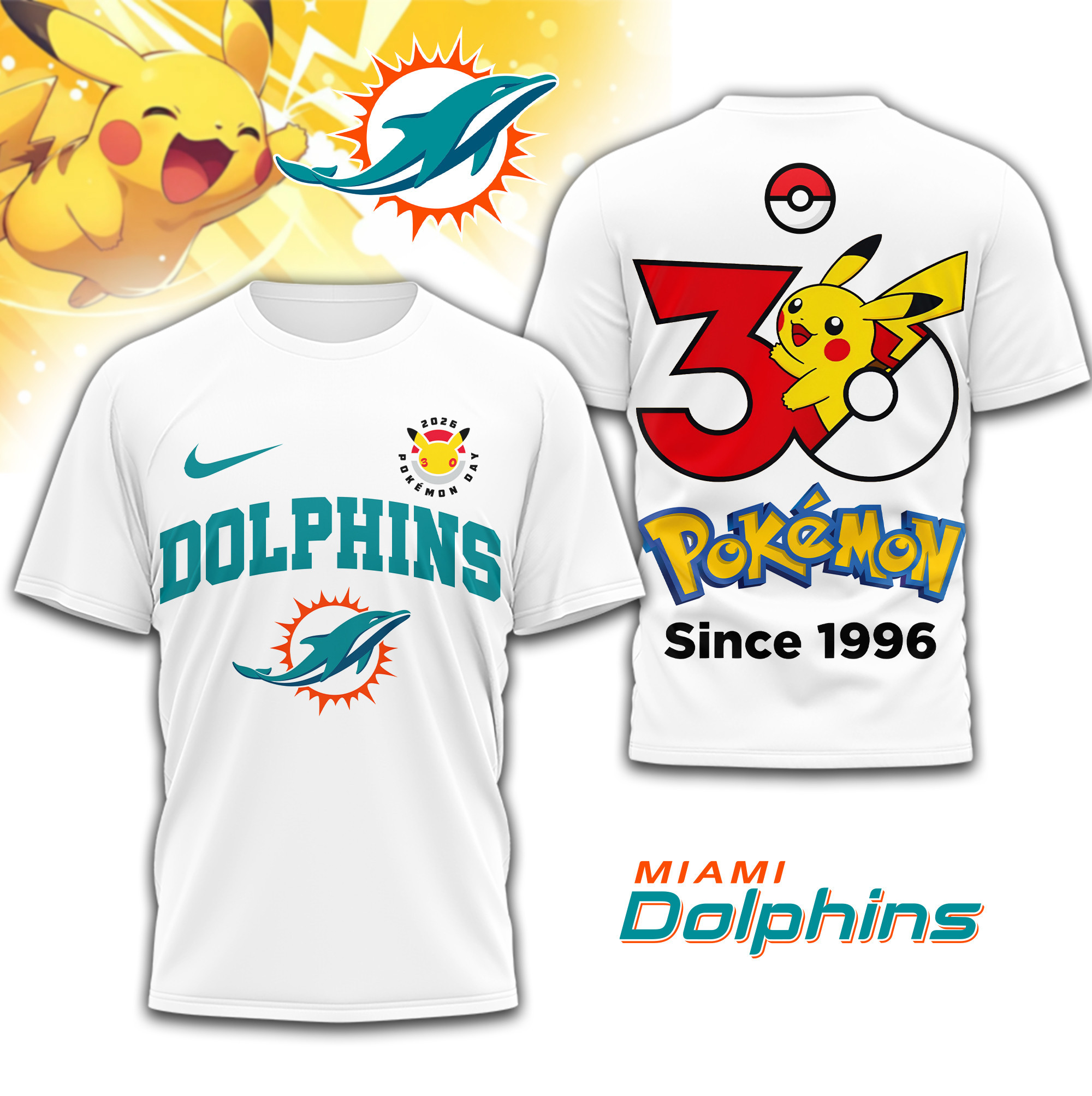 Miami Dolphins | Premium NFL Pokemon 30th Anniversary 3D Shirt TD