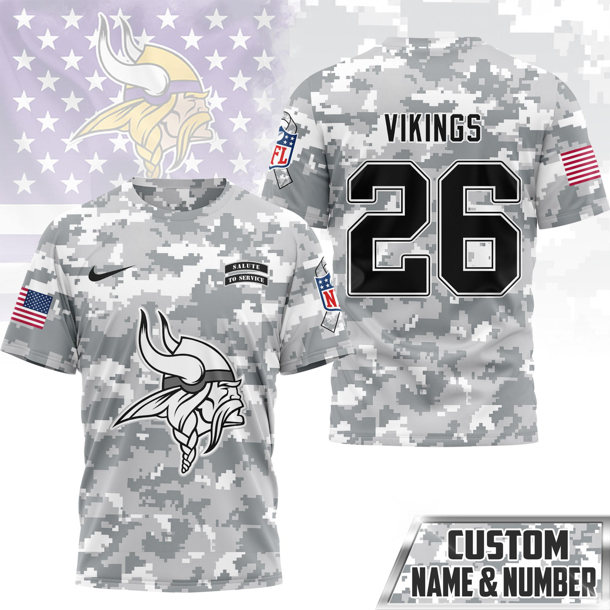 Minnesota Vikings | Premium NFL Salute to Service Custom Name & Number Camo 3D Shirt NY