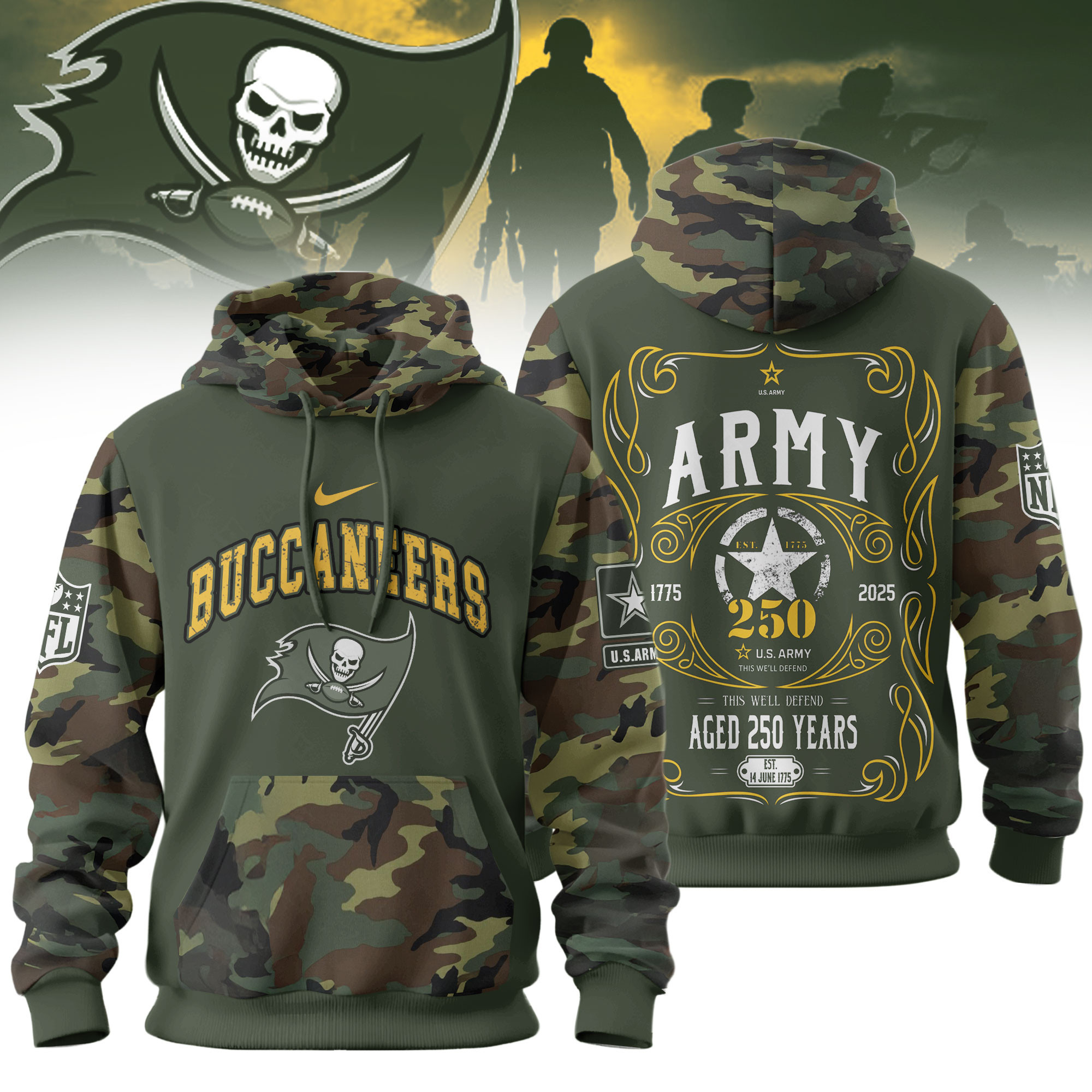 Tampa Bay Buccaneers | Premium NFL US Army 250th anniversary 3D Hoodie TD