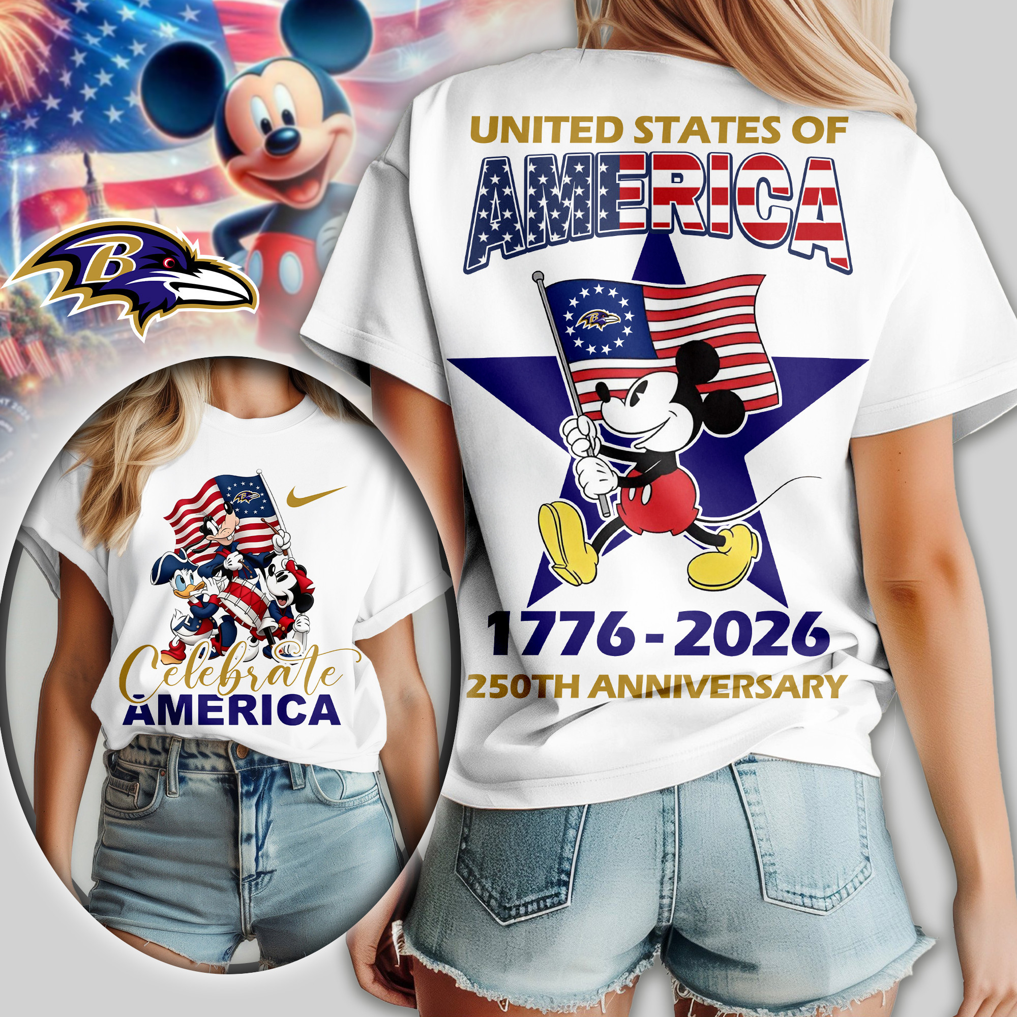 Baltimore Ravens | Premium NFL Mickey Celebrate America Women Shirt TD