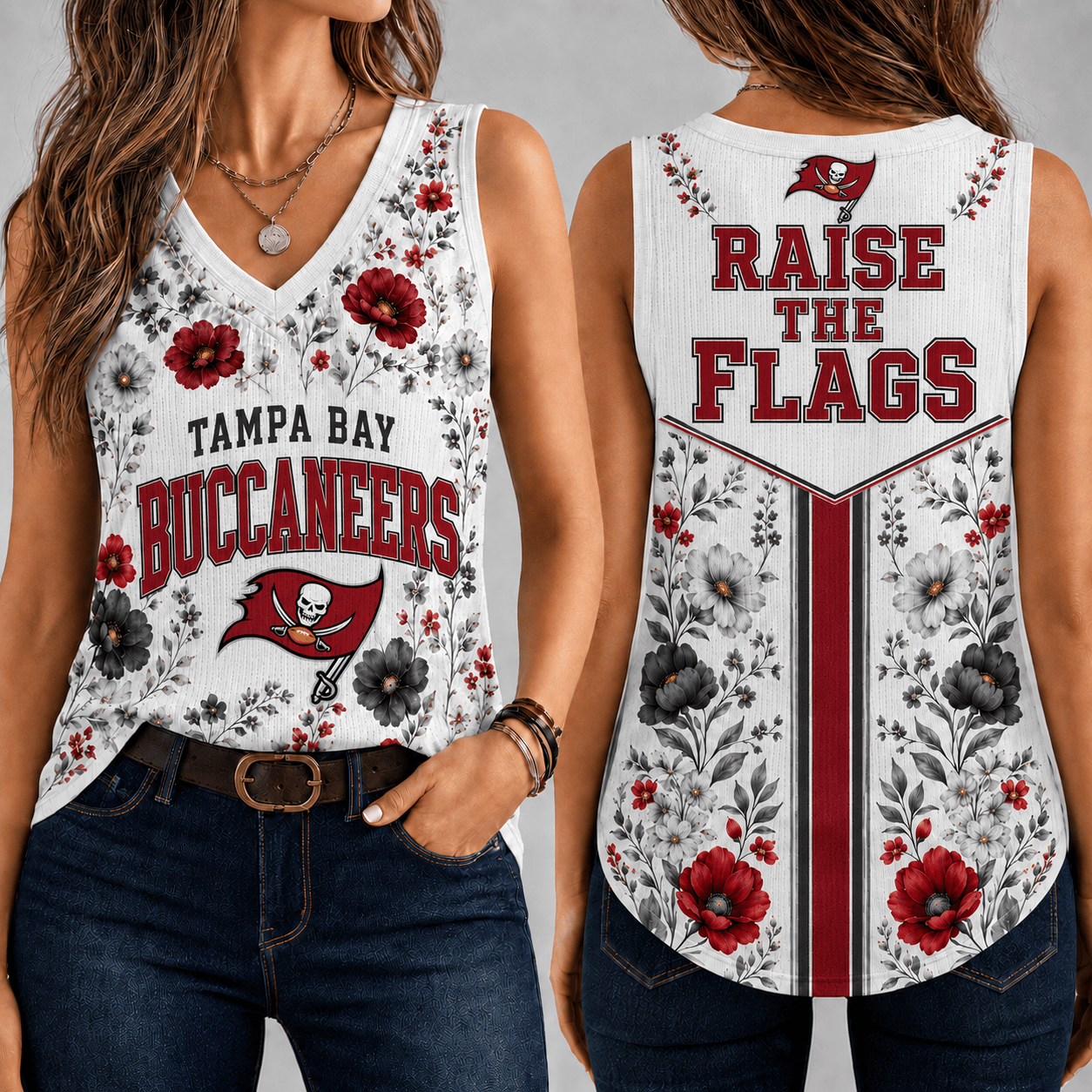 Tampa Bay Buccaneers | Premium NFL Floral Vintage Game Day Women’s V-Neck Tank Top TD