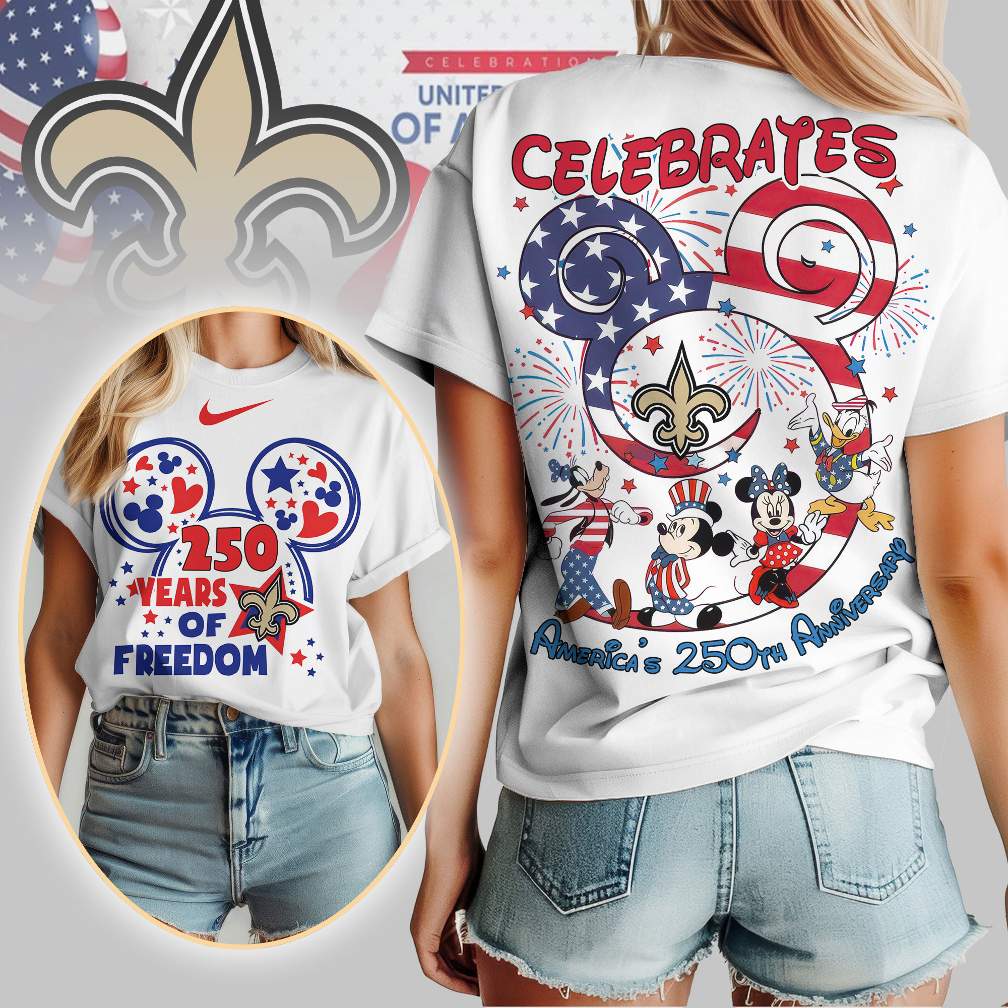 New Orleans Saints | Premium NFL Mickey Celebrates America 250th Anniversary Women Shirt TD
