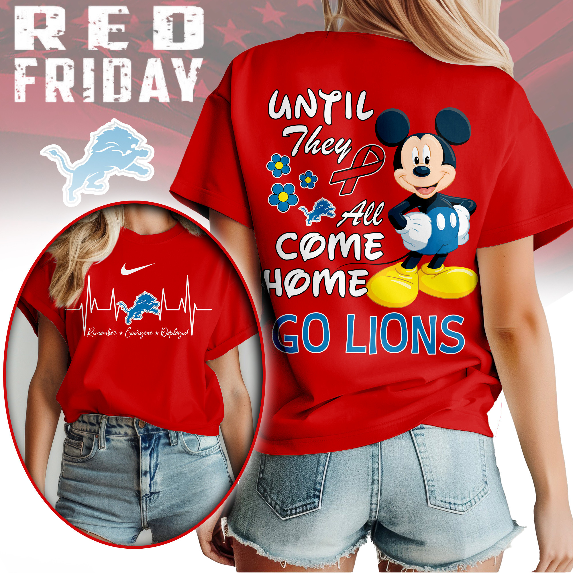 Detroit Lions | Premium NFL Mickey Red Friday 3D Shirt NY