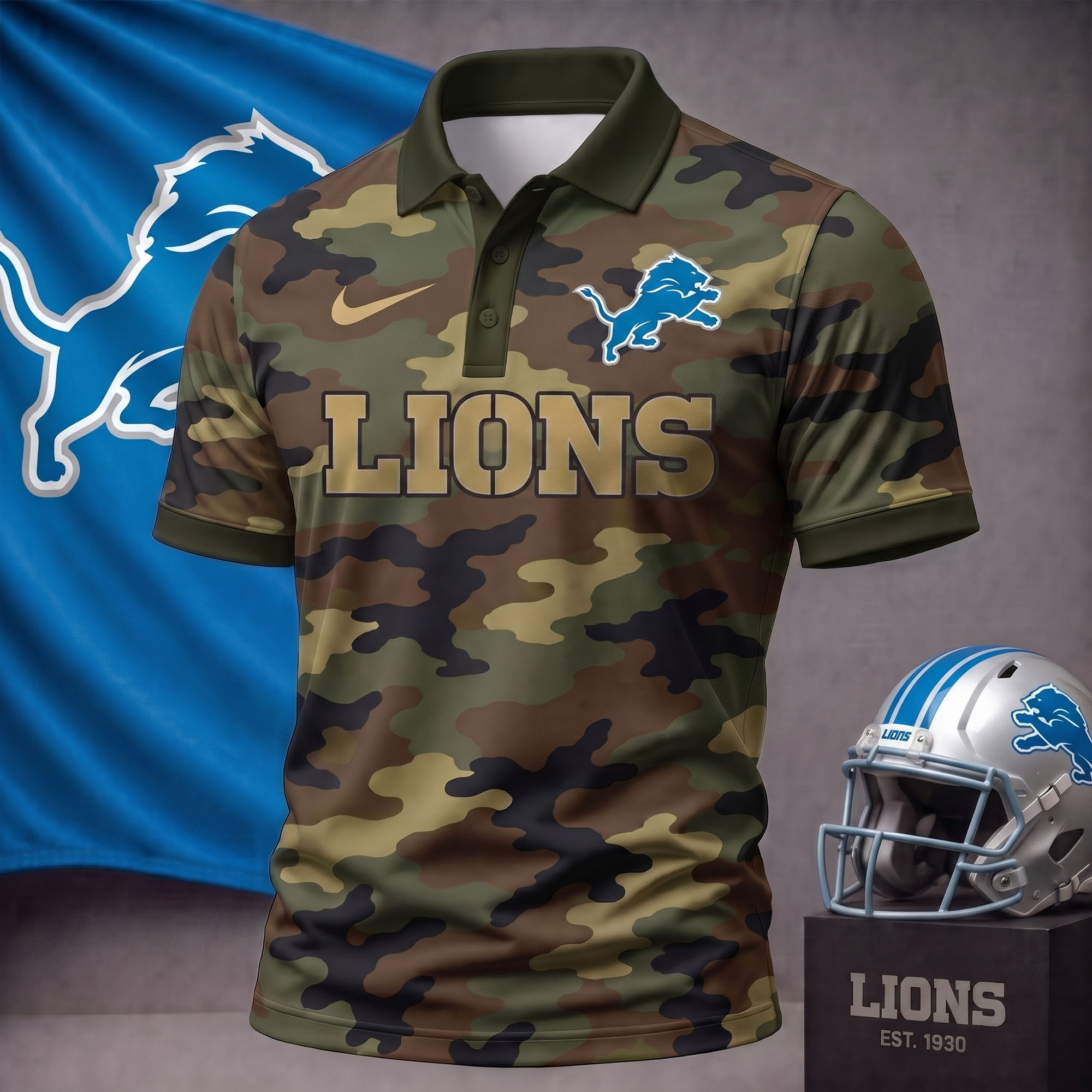 Detroit Lions | Premium NFL Us.Army Camo Polo Shirt NY