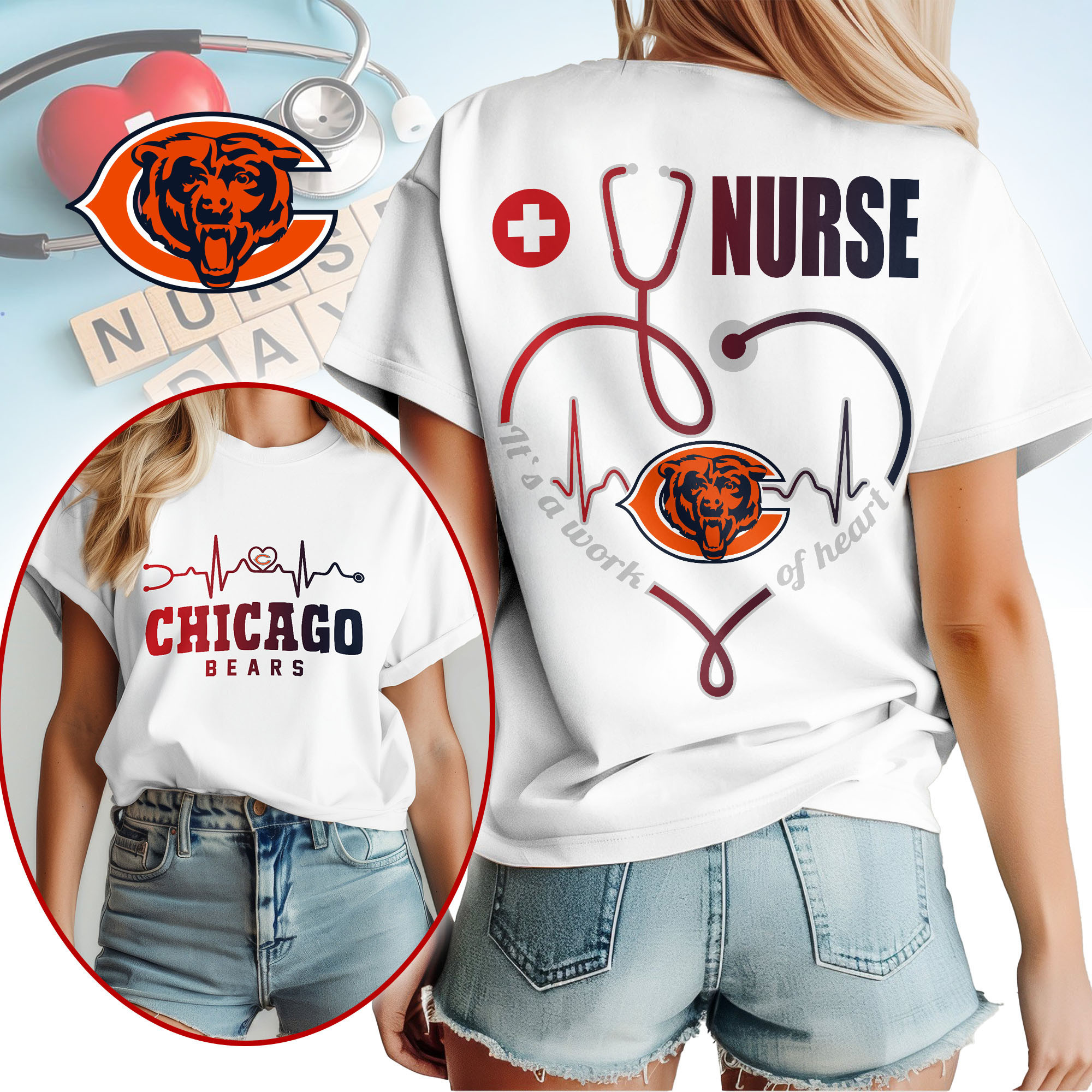 Chicago Bears | Premium NFL Nurse Heartbeat 3D T-Shirt NTH1