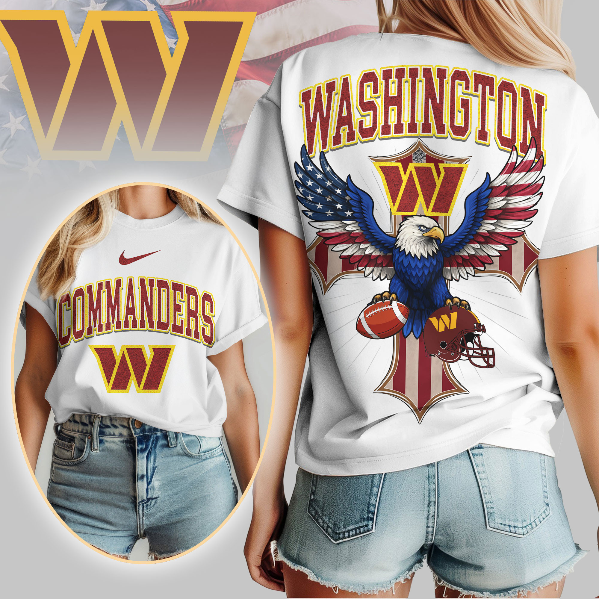 Washington Commanders | Premium NFL Freedom Eagle Women Shirt TD