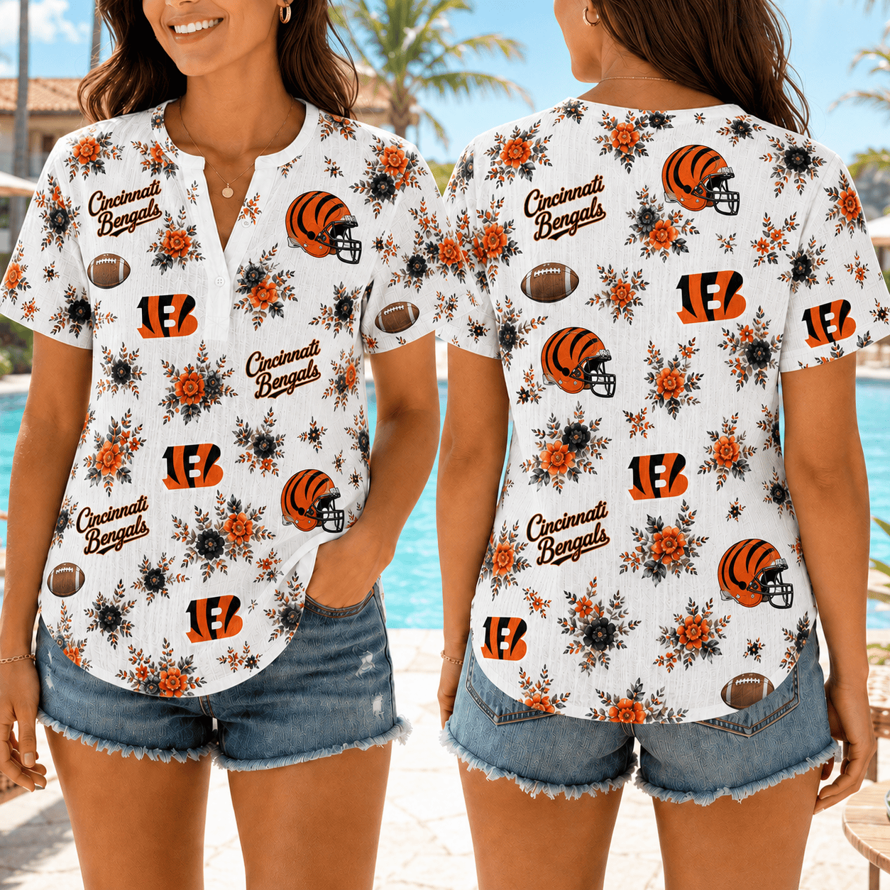 Cincinnati Bengals | Premium NFL Floral Football Women’s Summer Linen Shirt TD