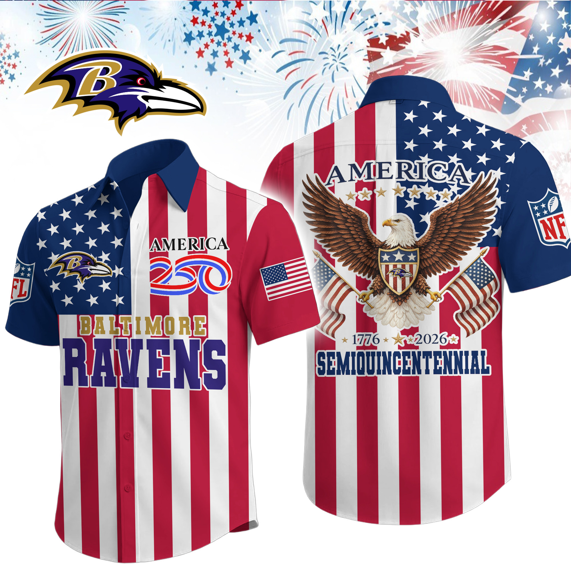 Baltimore Ravens | Premium NFL Liberty Eagle Patriotic Short-Sleeved Shirt TD
