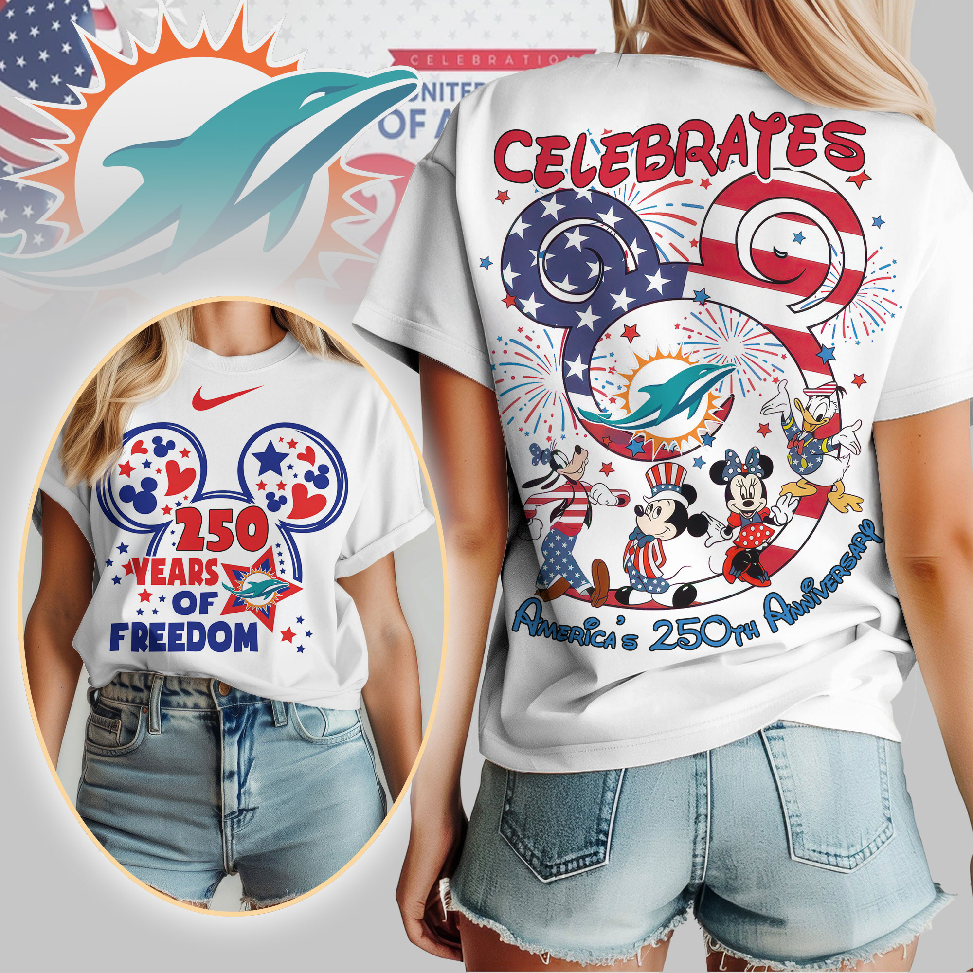 Miami Dolphins | Premium NFL Mickey Celebrates America 250th Anniversary Women Shirt TD