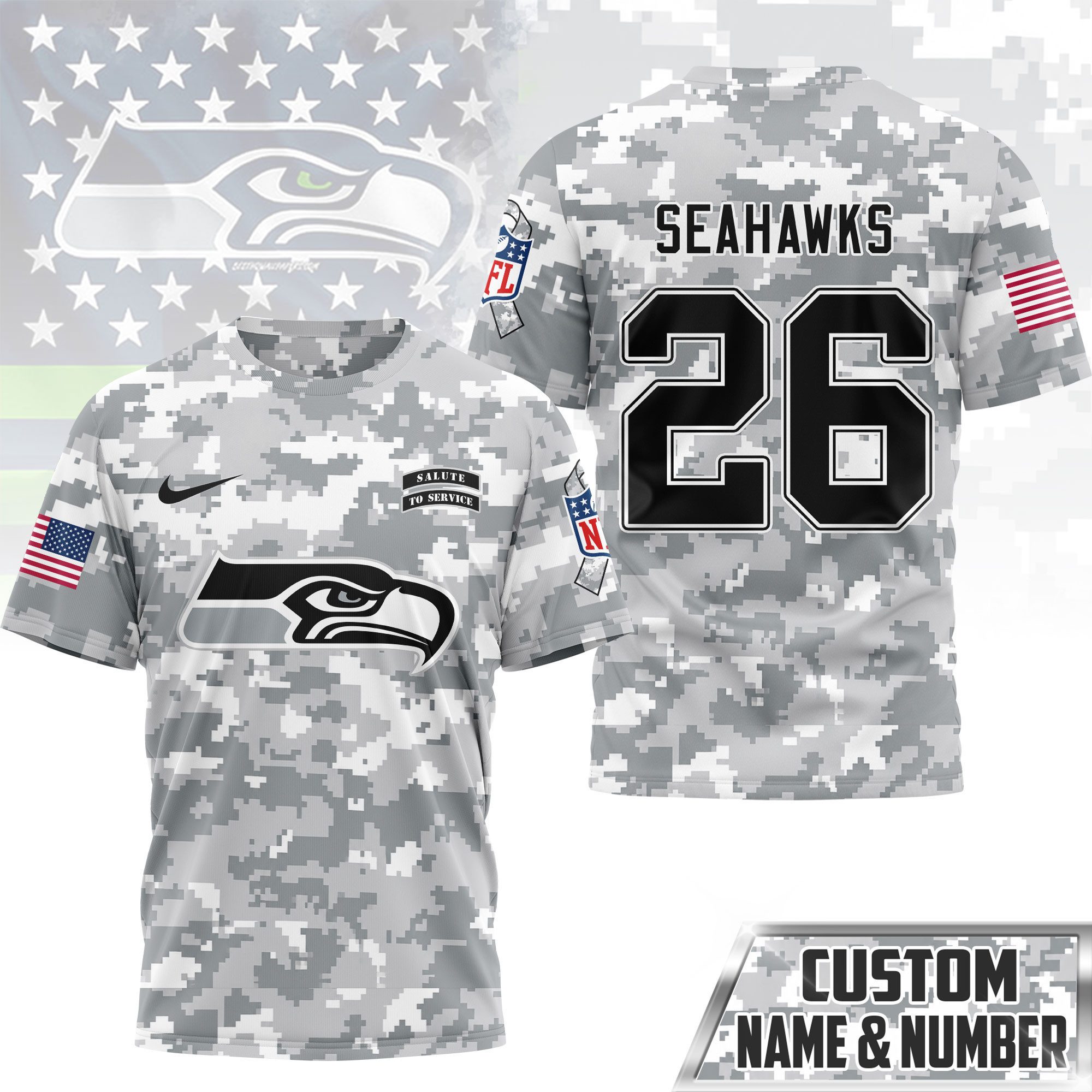 Seattle Seahawks | Premium NFL Salute to Service Custom Name & Number Camo 3D Shirt NY