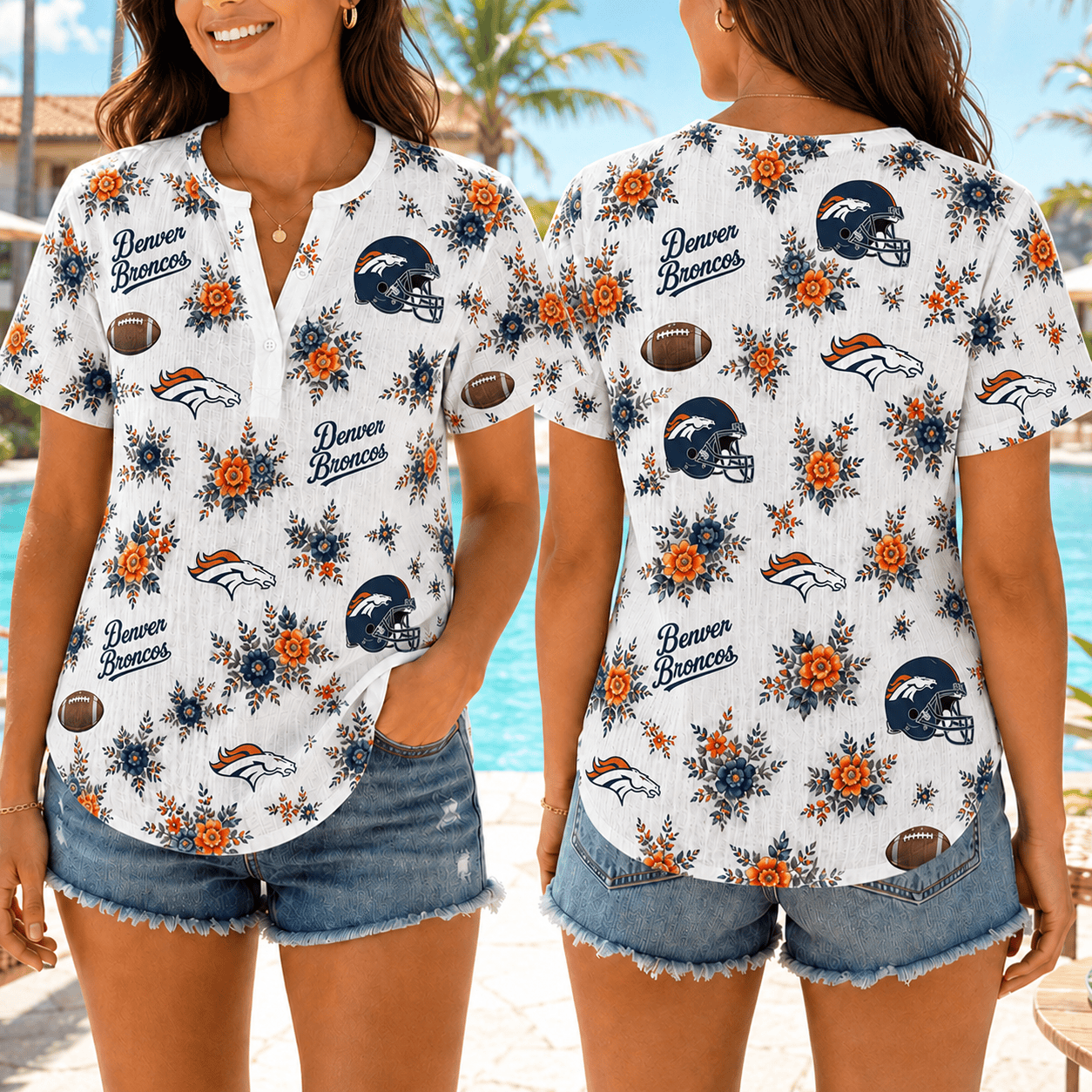 Denver Broncos | Premium NFL Floral Football Women’s Summer Linen Shirt TD