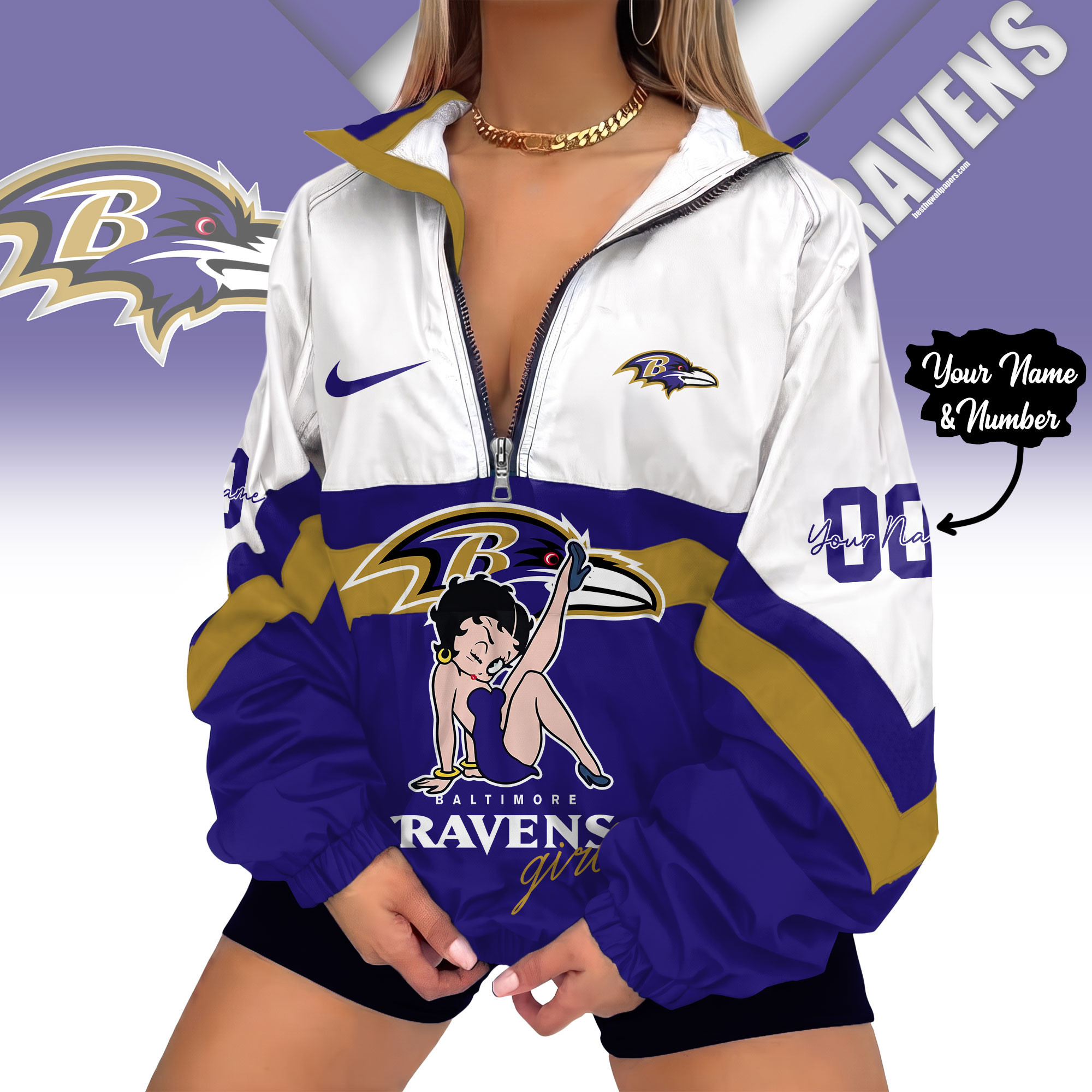 Baltimore Ravens | Premium NFL Custom Game Day Girl Windbreaker V-Neck Zipper Sweatshirt Jackets NTH1