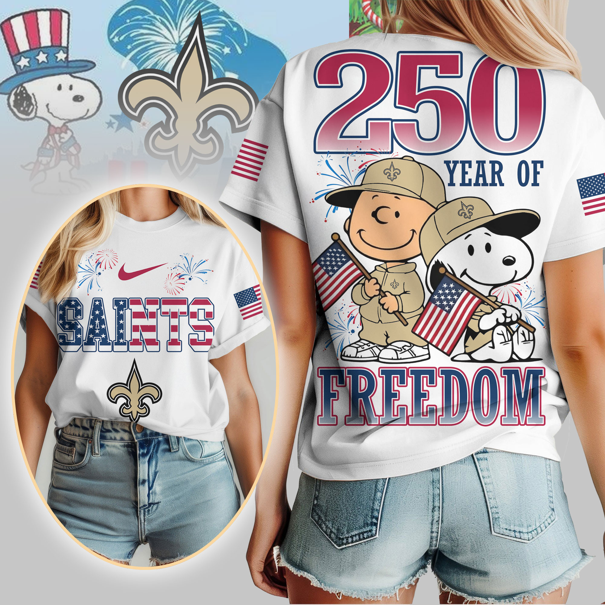 New Orleans Saints | Premium NFL Peanuts 250 Years Of Freedom 3D Shirt NP