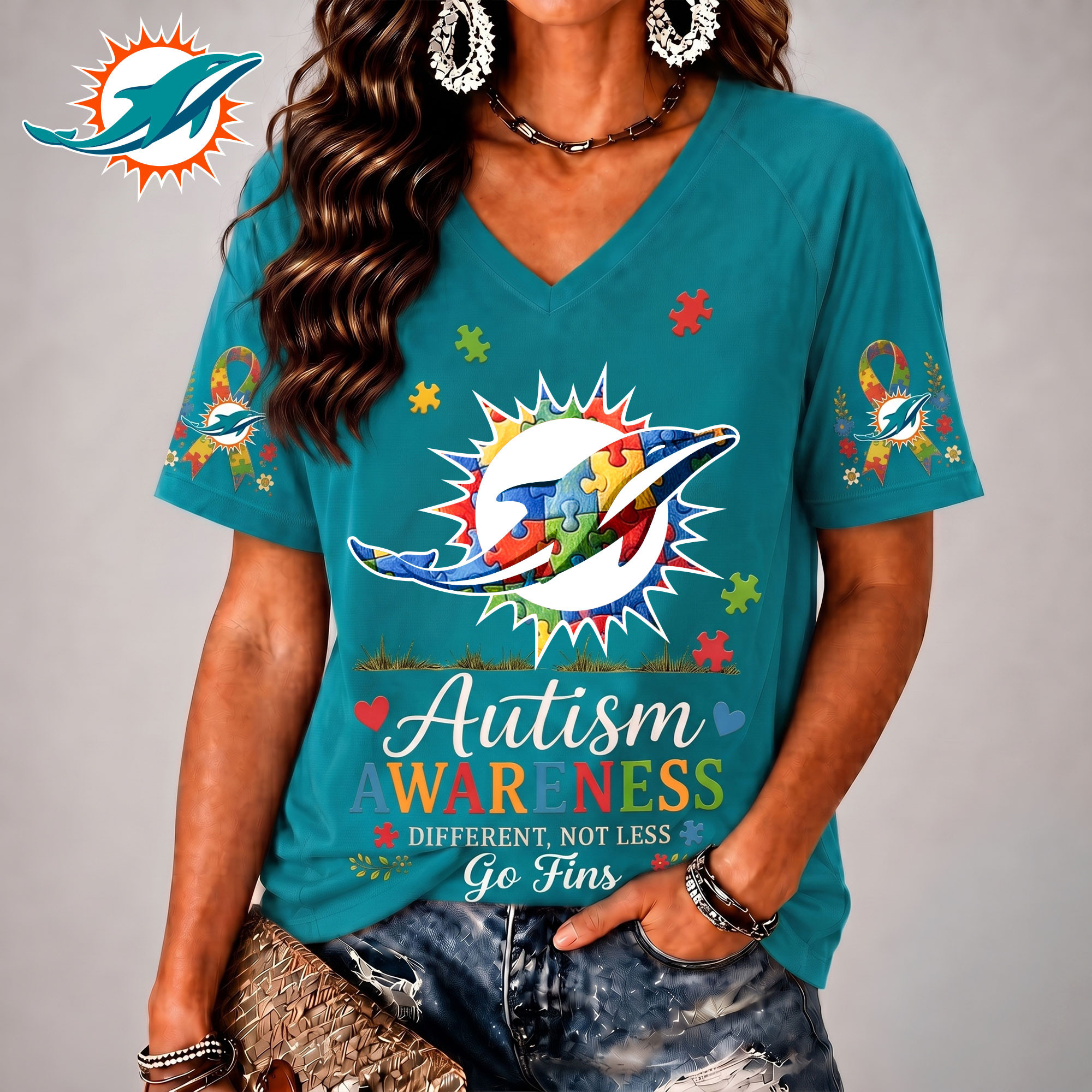 Miami Dolphins| Premium NFL Different, Not Less Autism Awareness V-neck Shirt NY