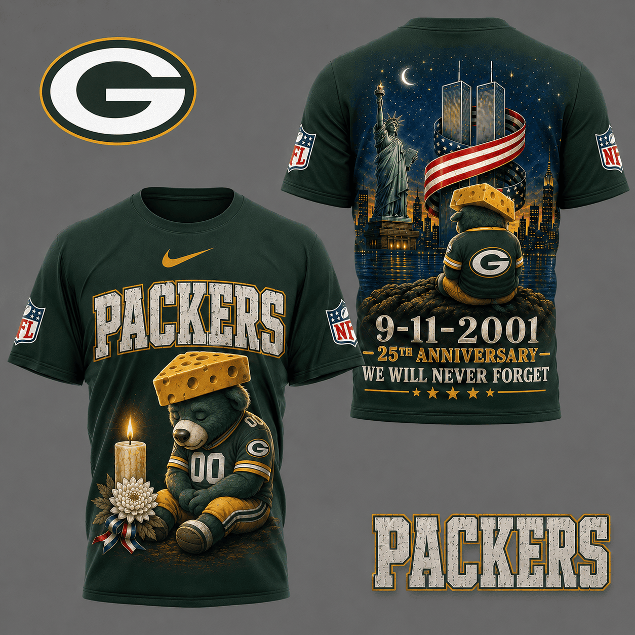 Green Bay Packers| Premium NFL 9/11 25th Anniversary Never Forget Memorial 3D Shirt NY