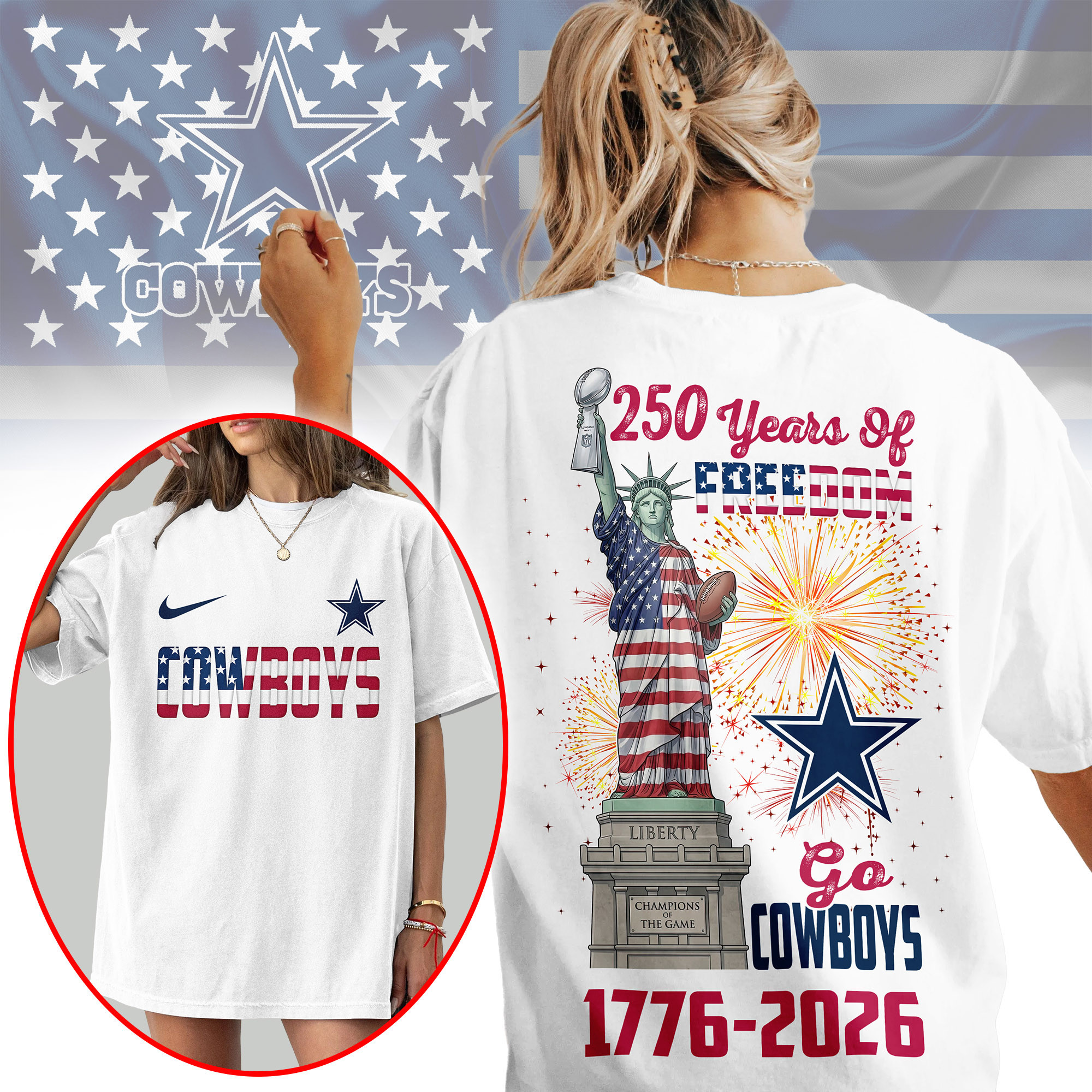 Dallas Cowboys | Premium NFL Statue Of Liberty 250th Anniversary 3D Shirt NP
