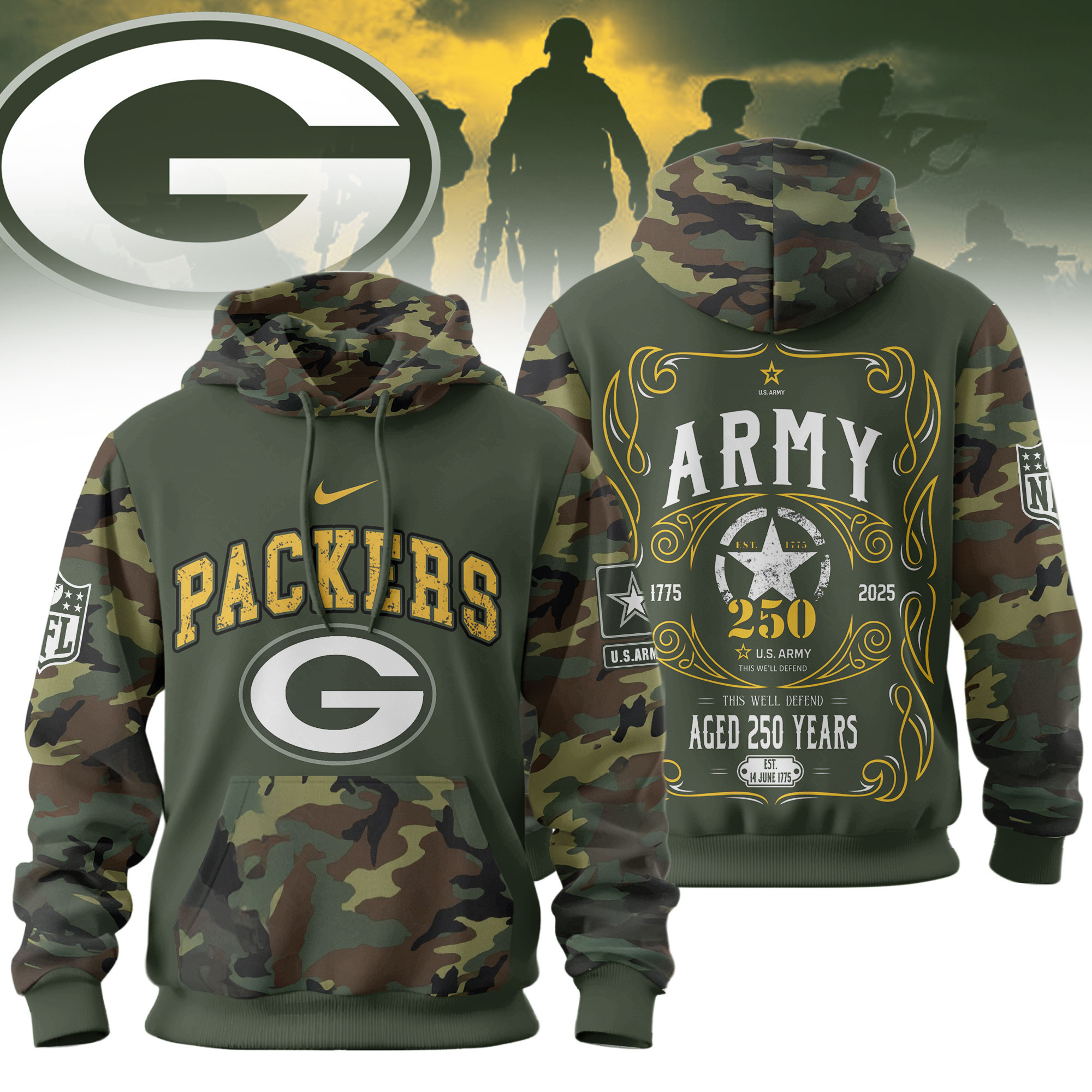 Green Bay Packers | Premium NFL US Army 250th anniversary 3D Hoodie TD