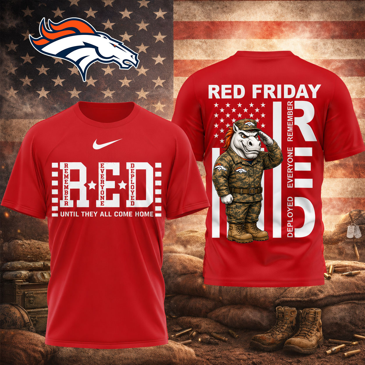 Denver Broncos | Premium NFL Red Friday Remember Everyone Deployed Veteran Tribute T-Shirt TD