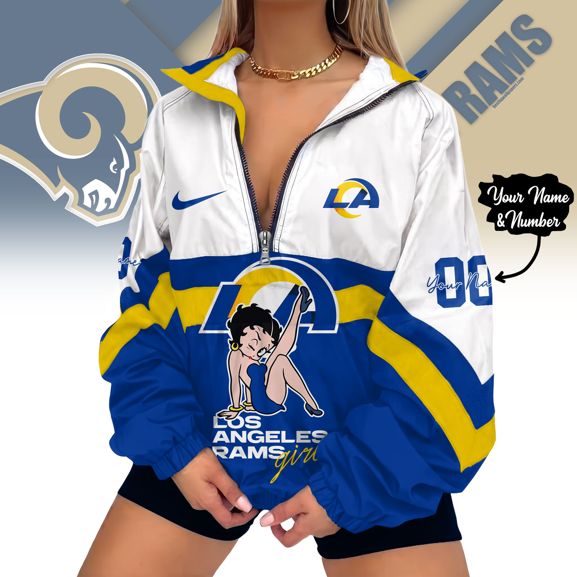 Los Angeles Rams | Premium NFL Custom Game Day Girl Windbreaker V-Neck Zipper Sweatshirt Jackets NTH1