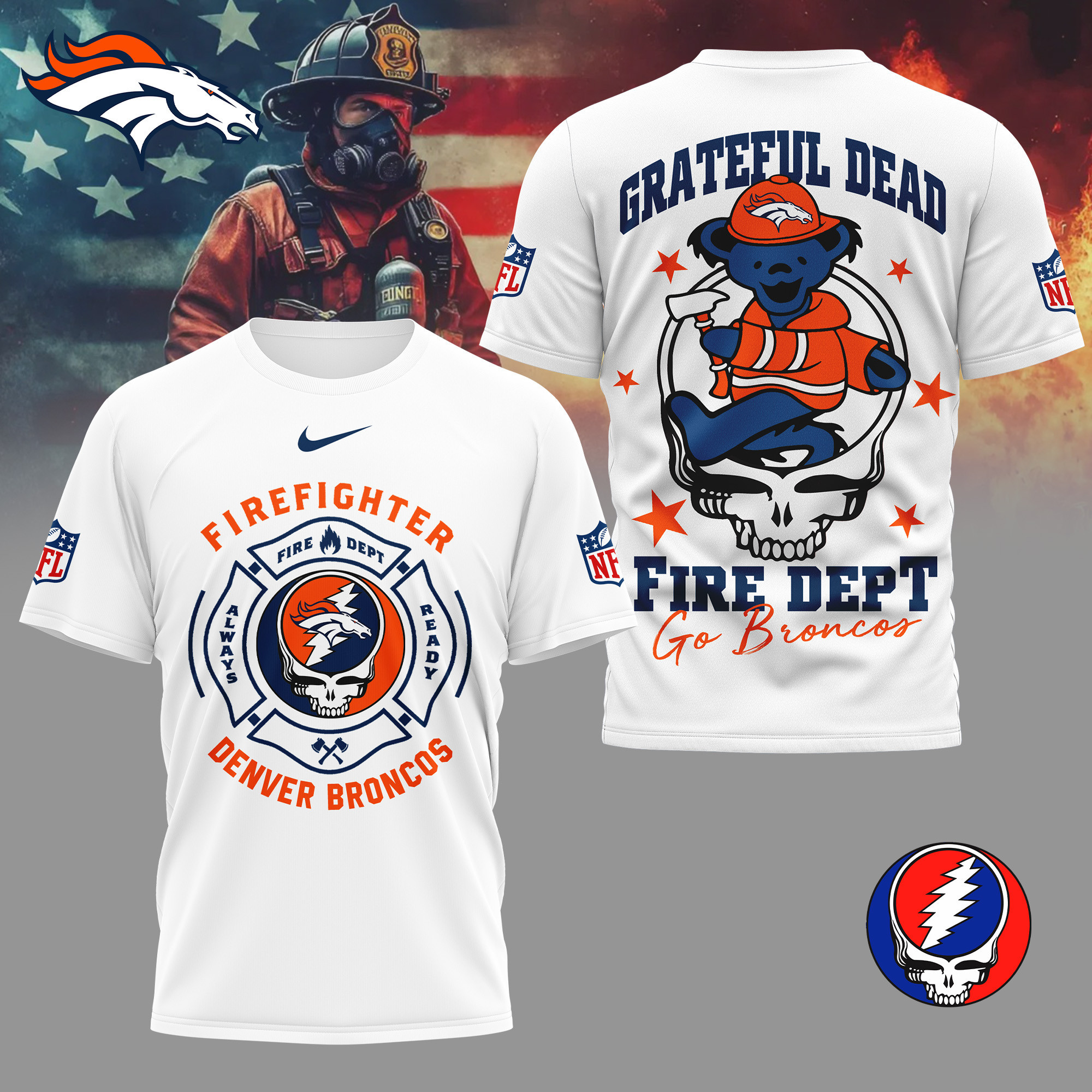 Denver Broncos | Premium NFL Grateful Dead Firefighter 3D Shirt NY