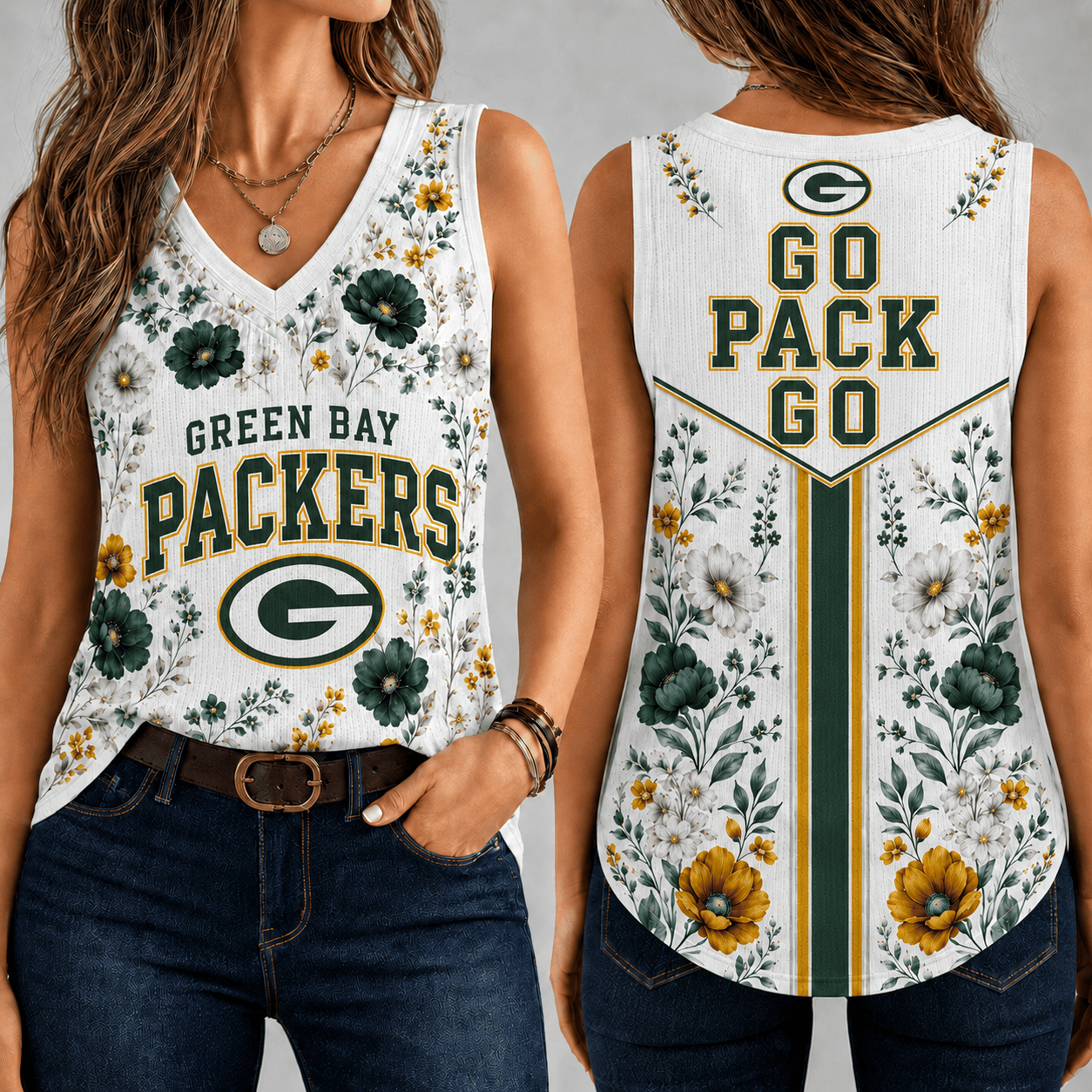 Green Bay Packers | Premium NFL Floral Vintage Game Day Women’s V-Neck Tank Top TD