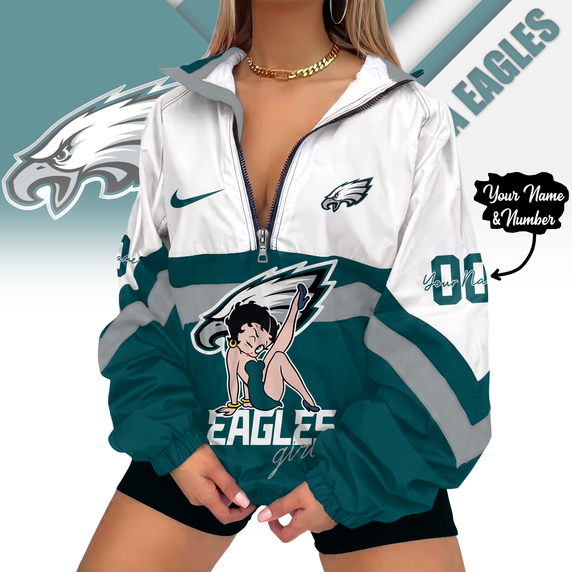 Philadelphia Eagles | Premium NFL Custom Game Day Girl Windbreaker V-Neck Zipper Sweatshirt Jackets NTH1