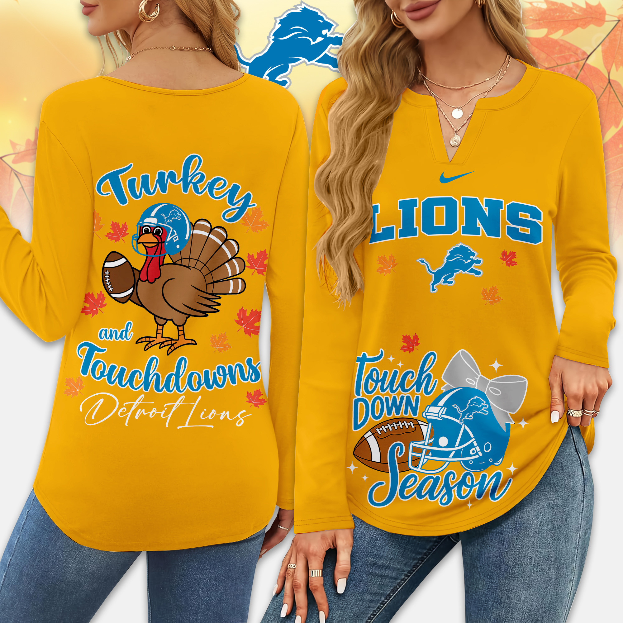 Detroit Lions | Premium NFL Turkey and Touchdowns V-neck Long Sleeve Shirt TD