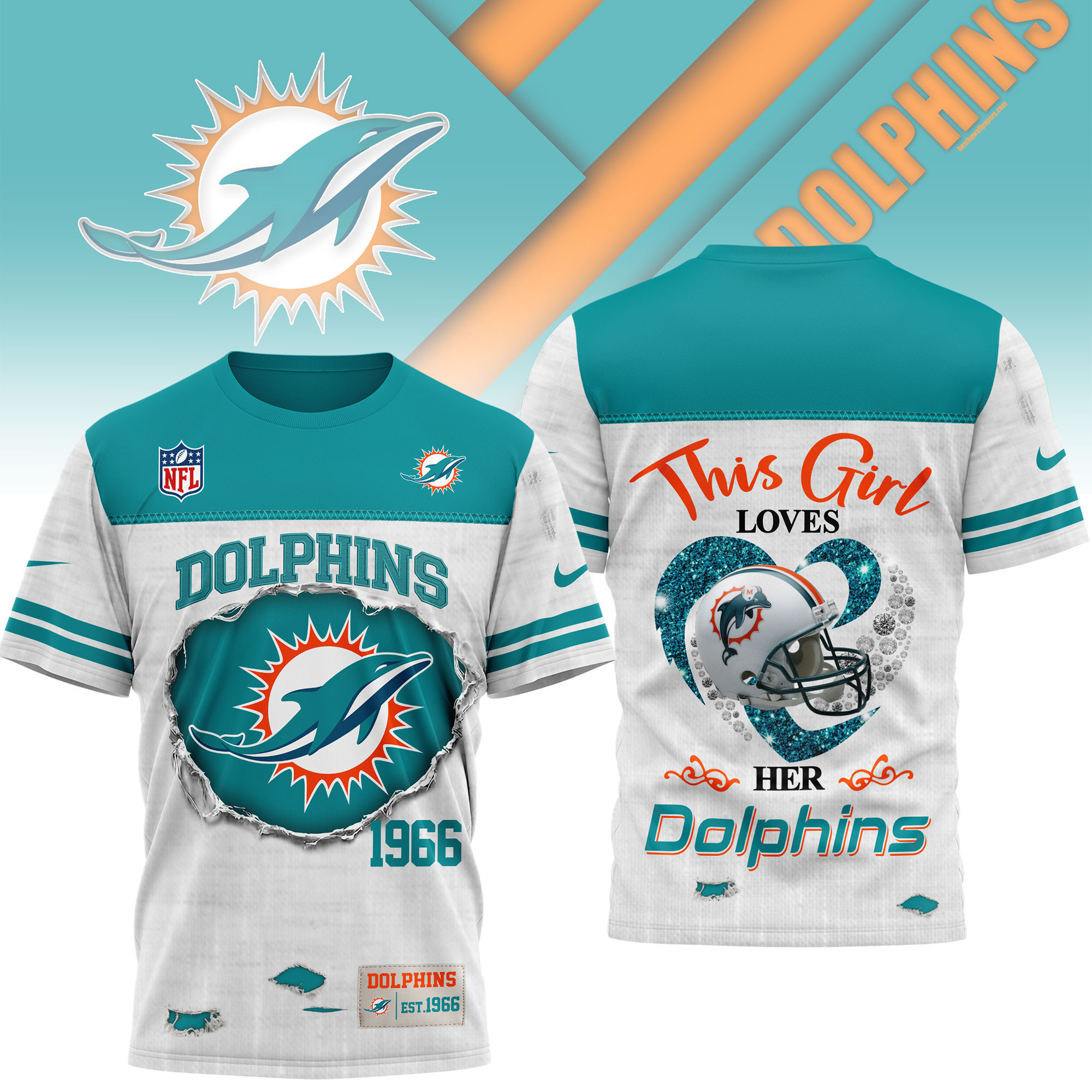 Miami Dolphins | Premium NFL Girl Heart & Helmet 3D Shirt NTH1