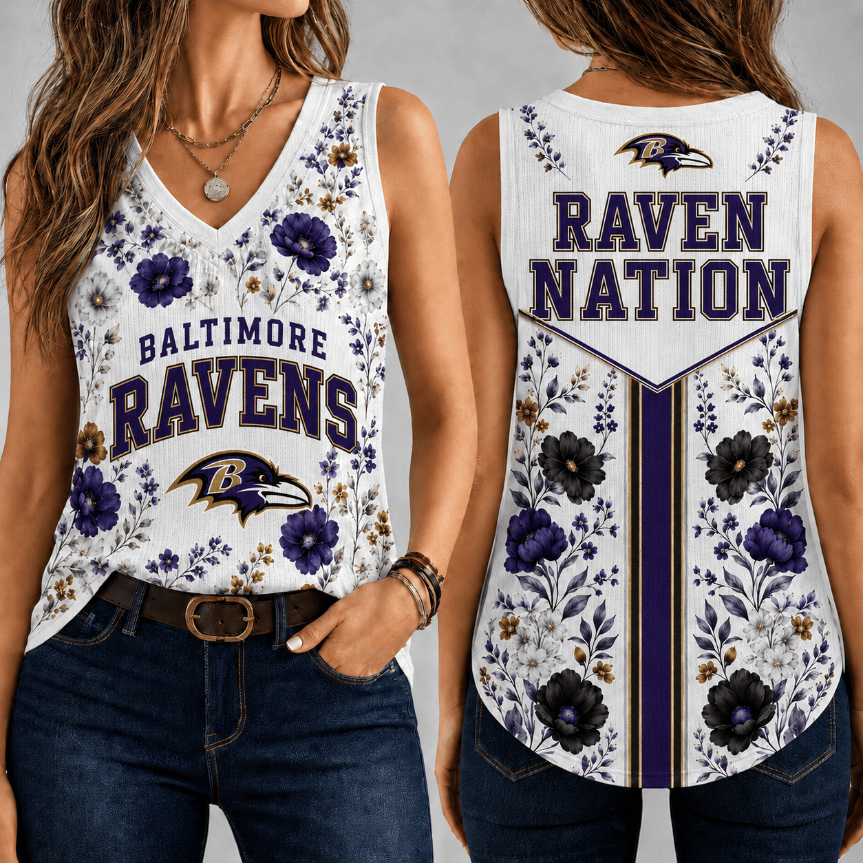 Baltimore Ravens | Premium NFL Floral Vintage Game Day Women’s V-Neck Tank Top TD