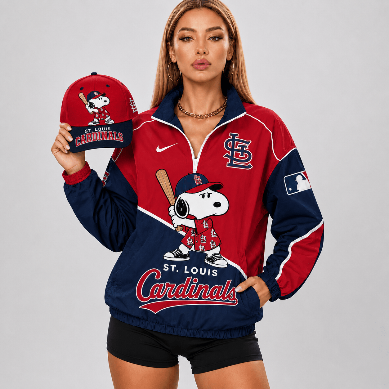 St. Louis Cardinals | Premium MLB Snoopy Clubhouse Swing V-neck Jacket And Cap Set