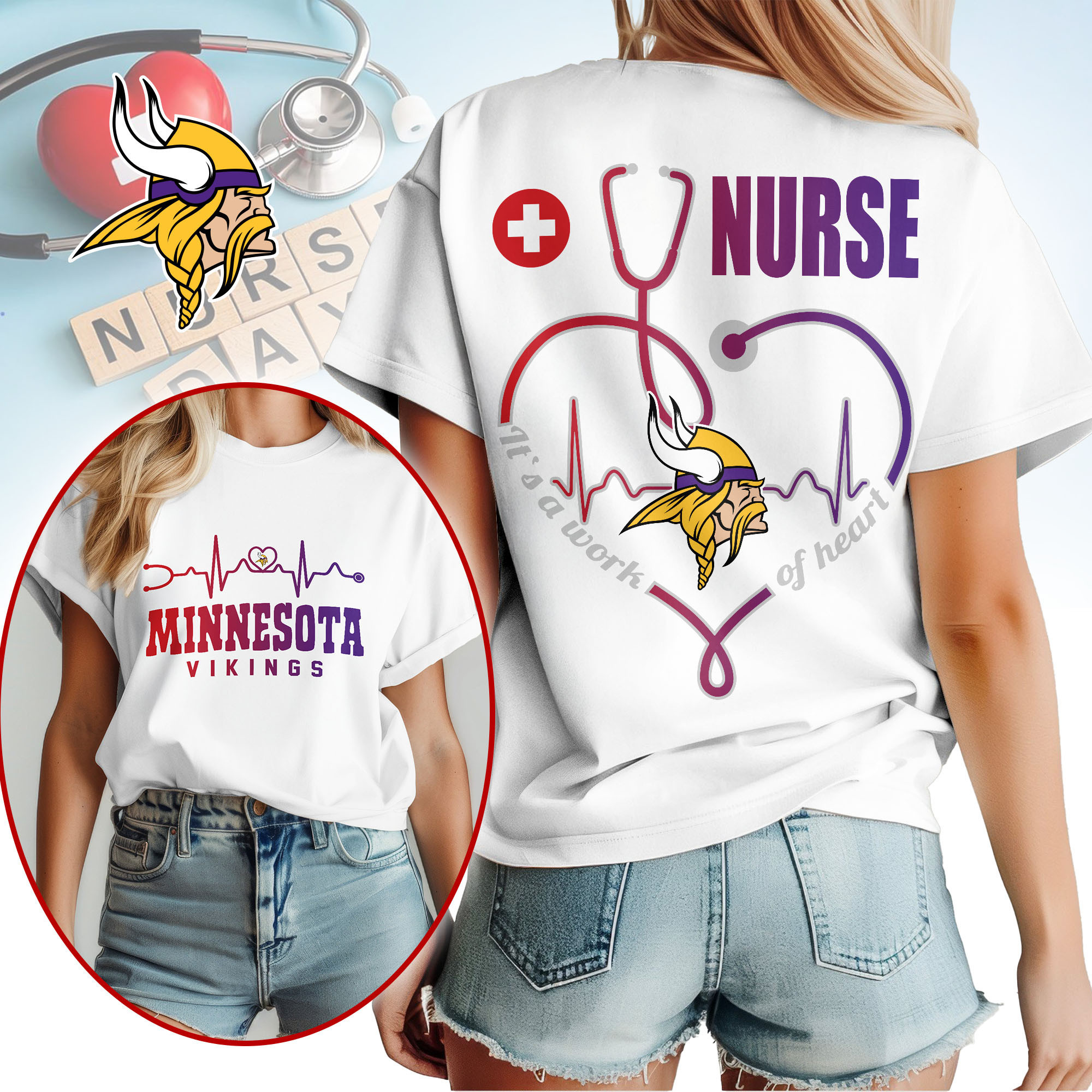Minnesota Vikings | Premium NFL Nurse Heartbeat 3D T-Shirt NTH1