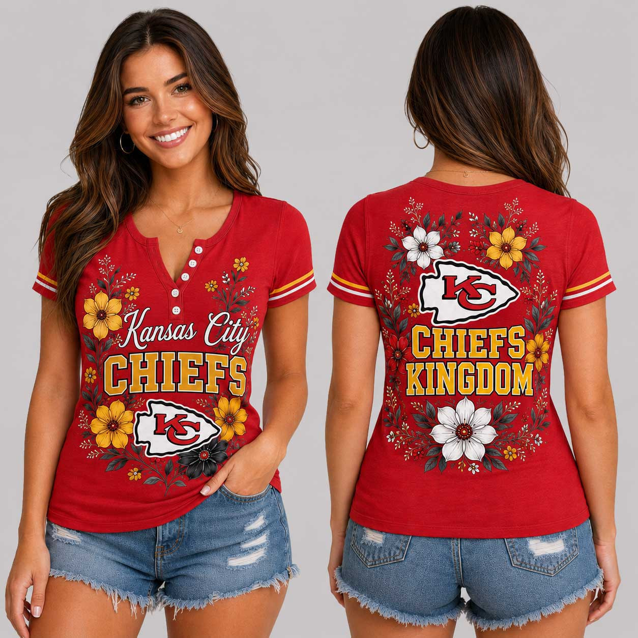Kansas City Chiefs | Premium NFL Team Pride Elegant Game Day Women’s Button V-Neck Shirt TD