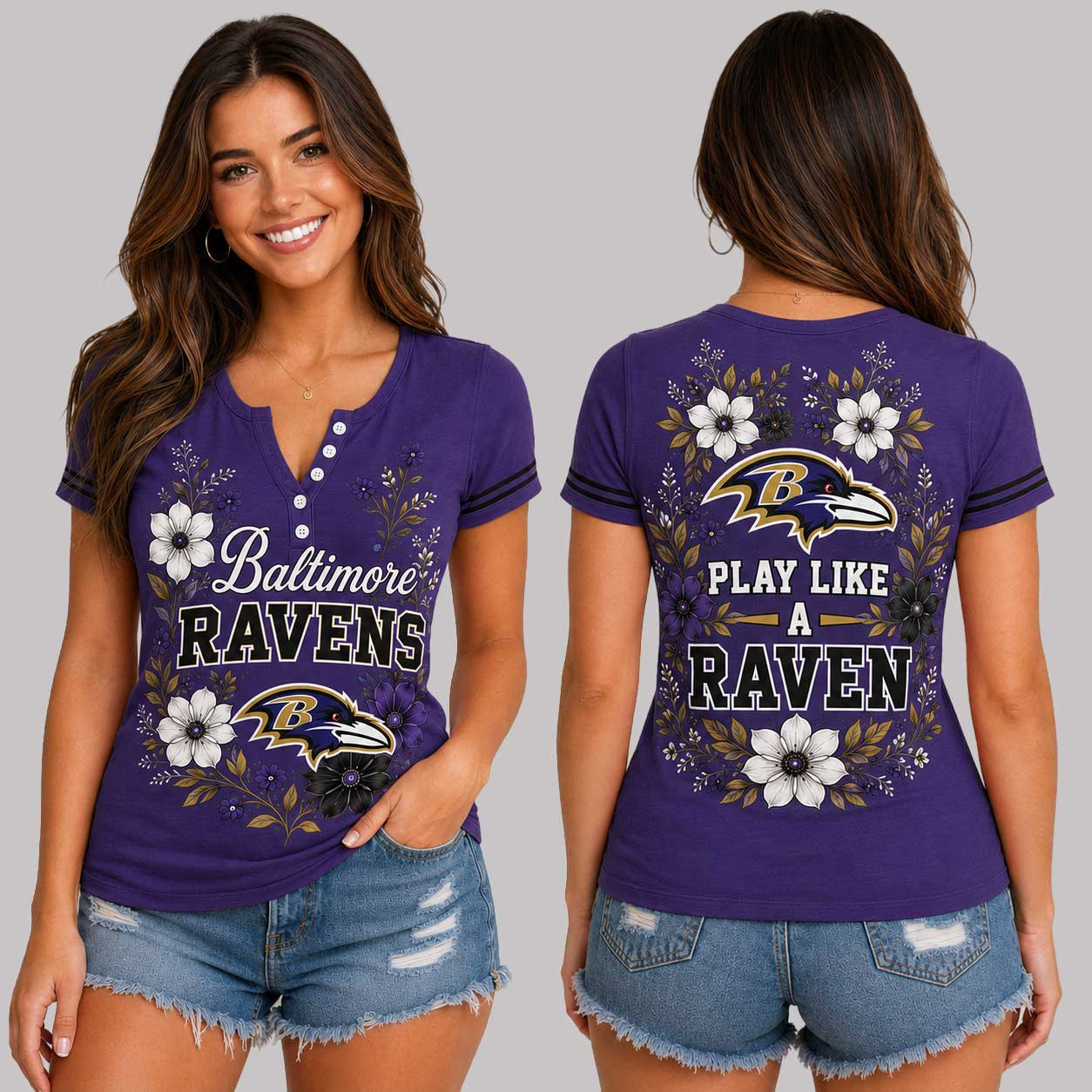 Baltimore Ravens | Premium NFL Team Pride Elegant Game Day Women’s Button V-Neck Shirt TD