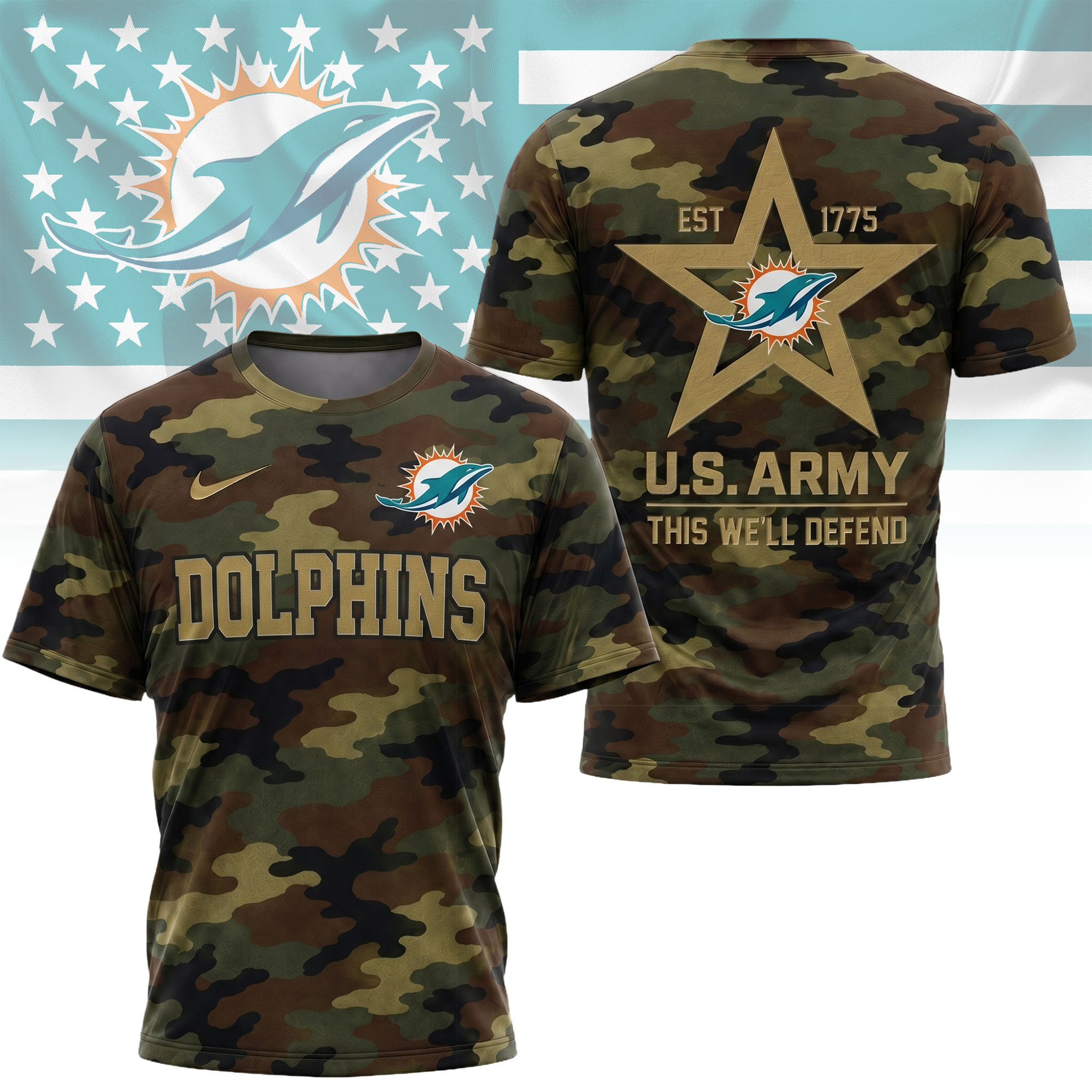 Miami Dolphins | Premium NFL U.S. Army Camo 3D Shirt NY