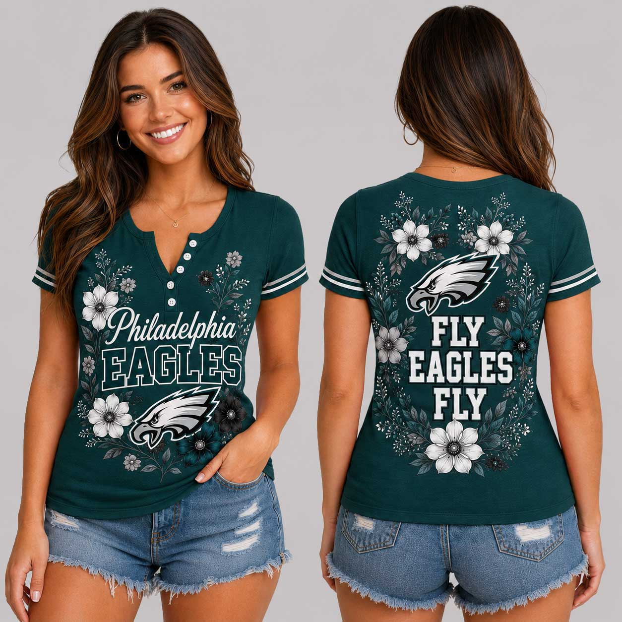 Philadelphia Eagles | Premium NFL Team Pride Elegant Game Day Women’s Button V-Neck Shirt TD