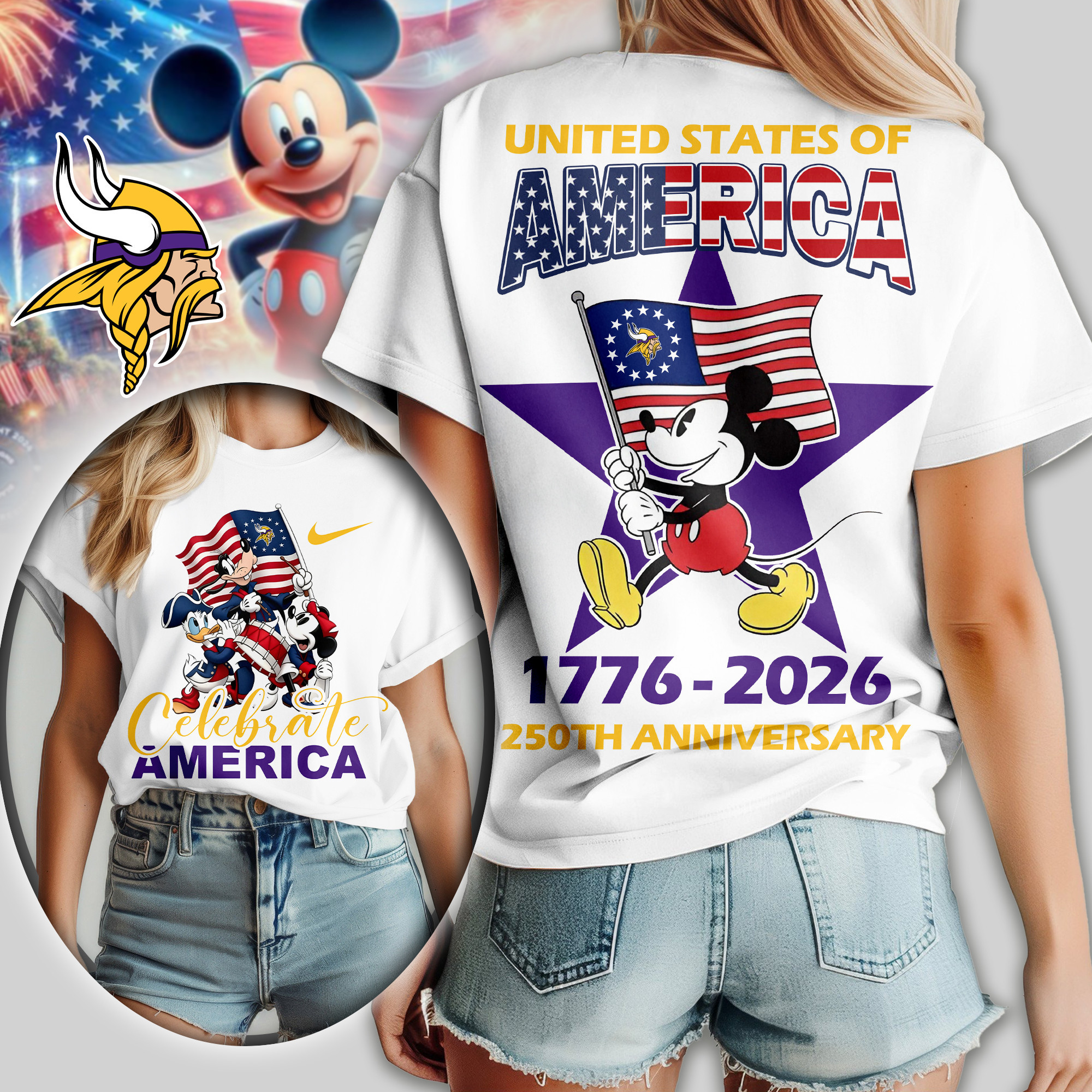 Minnesota Vikings | Premium NFL Mickey Celebrate America Women Shirt TD