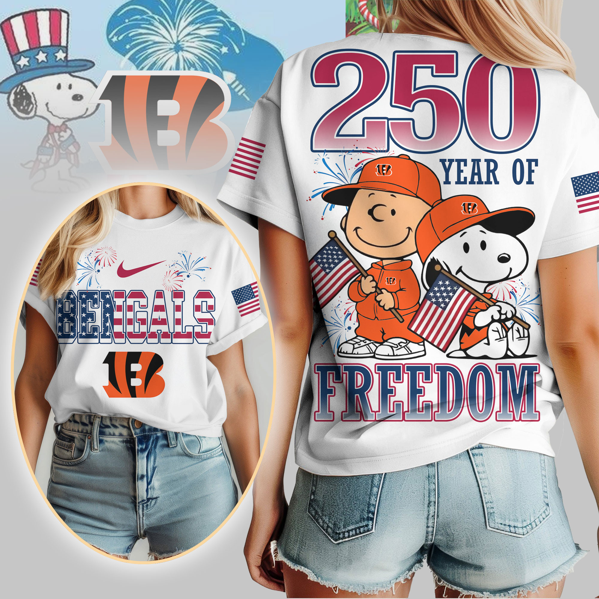 Cincinnati Bengals | Premium NFL Peanuts 250 Years Of Freedom 3D Shirt NP