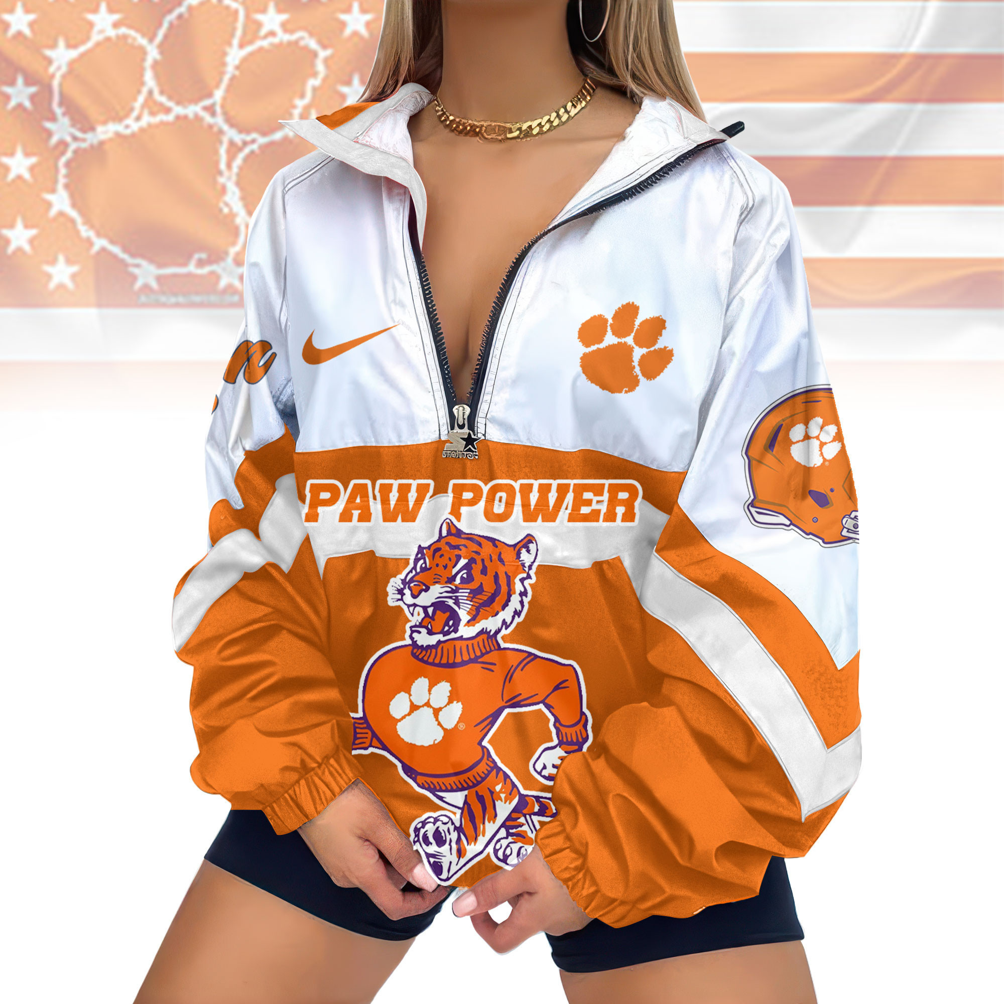 Clemson Tigers | Premium Women's Printed V-Neck Zipper Sweatshirt Jackets TD