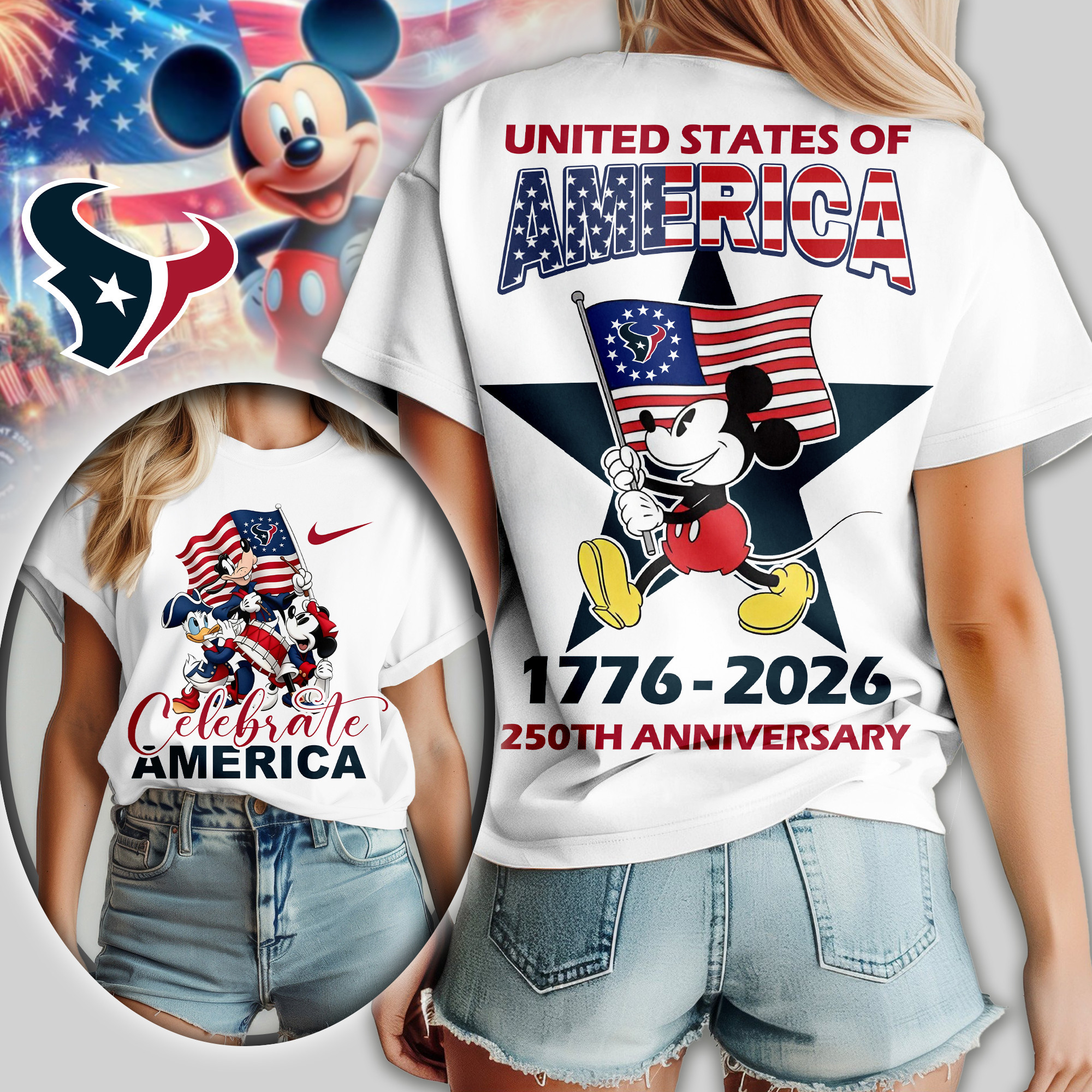 Houston Texans | Premium NFL Mickey Celebrate America Women Shirt TD