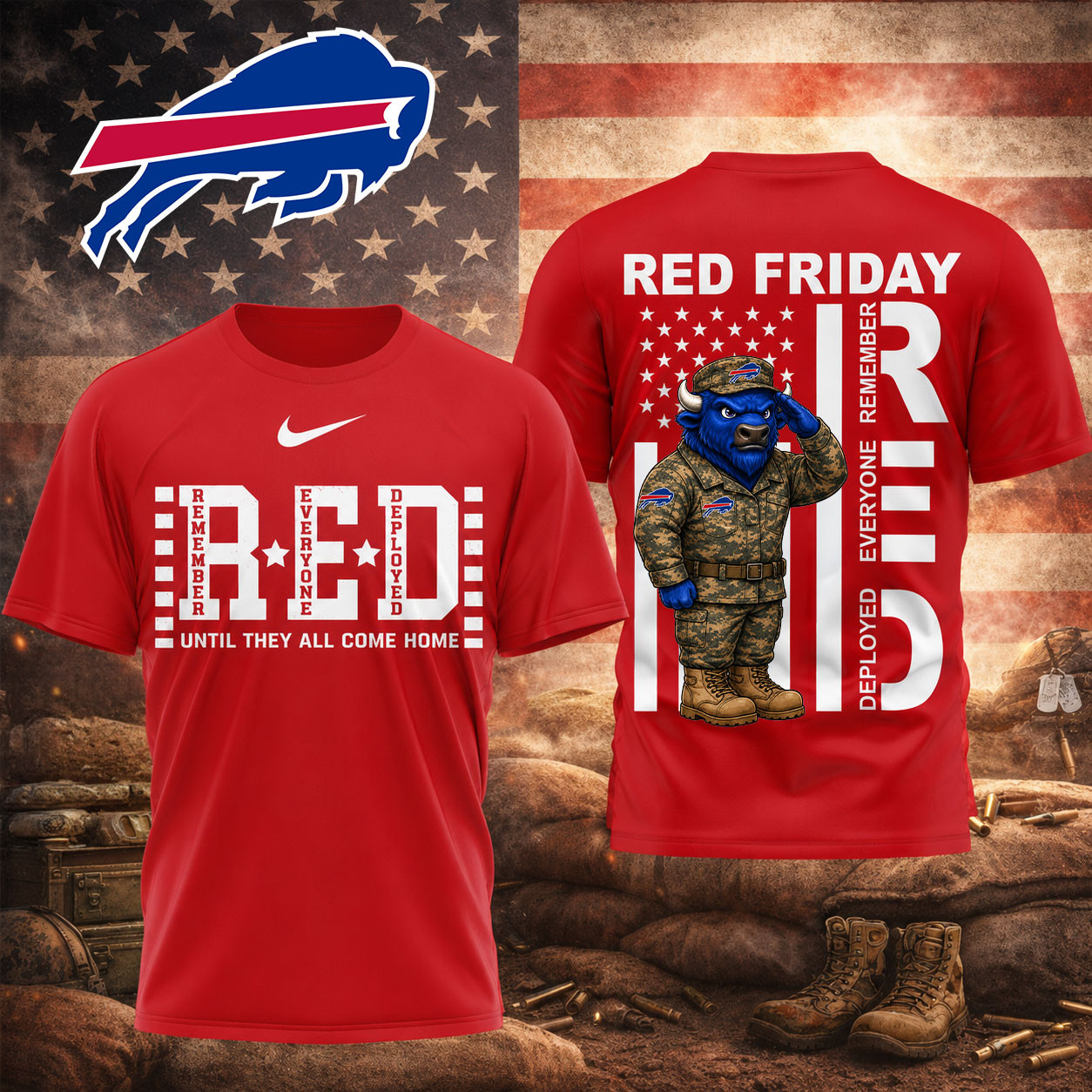 Buffalo Bills | Premium NFL Red Friday Remember Everyone Deployed Veteran Tribute T-Shirt TD