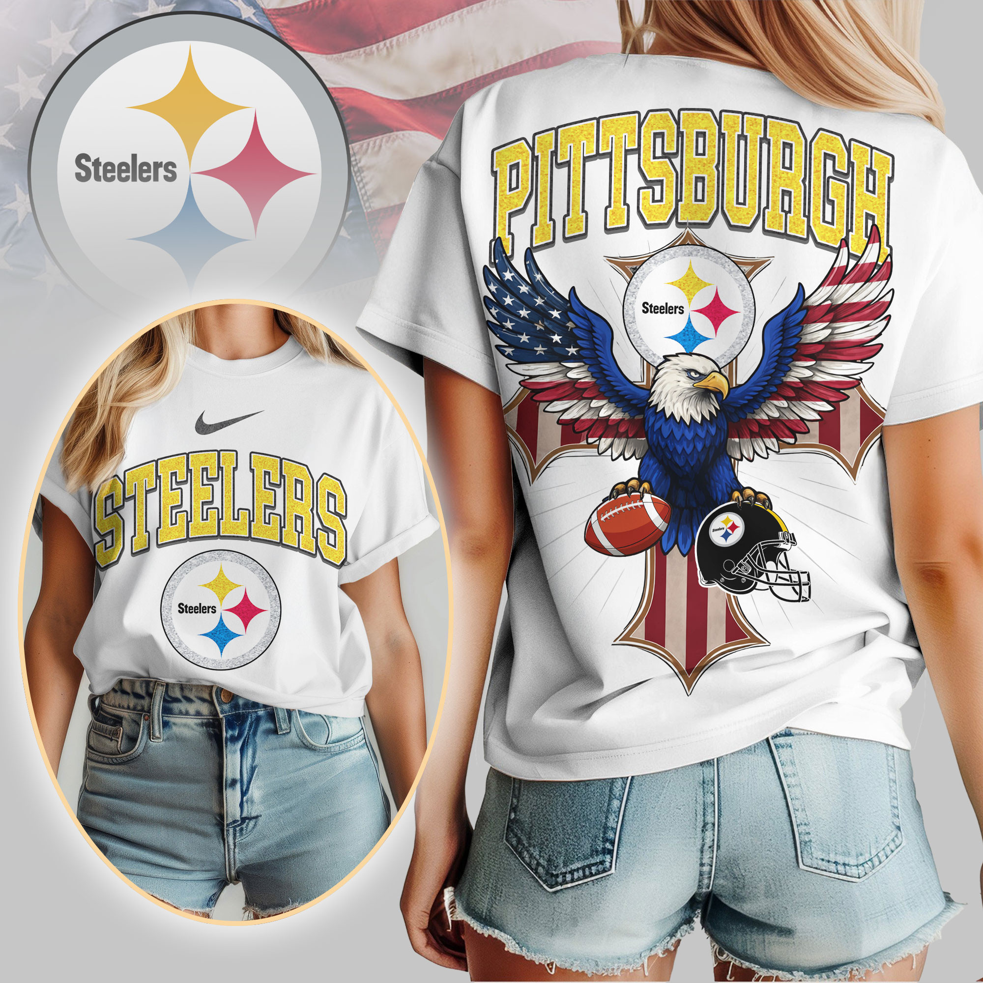 Pittsburgh Steelers | Premium NFL Freedom Eagle Women Shirt TD