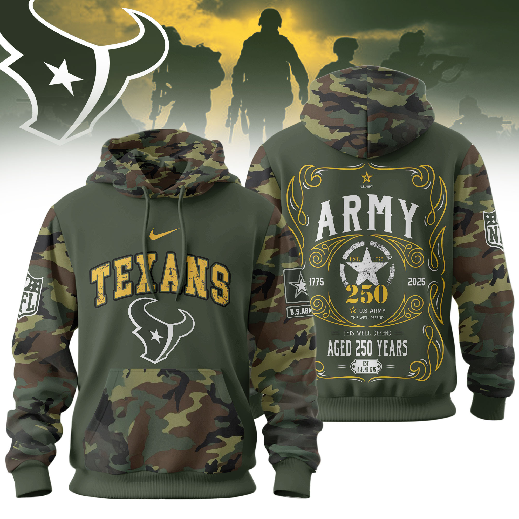 Houston Texans | Premium NFL US Army 250th anniversary 3D Hoodie TD