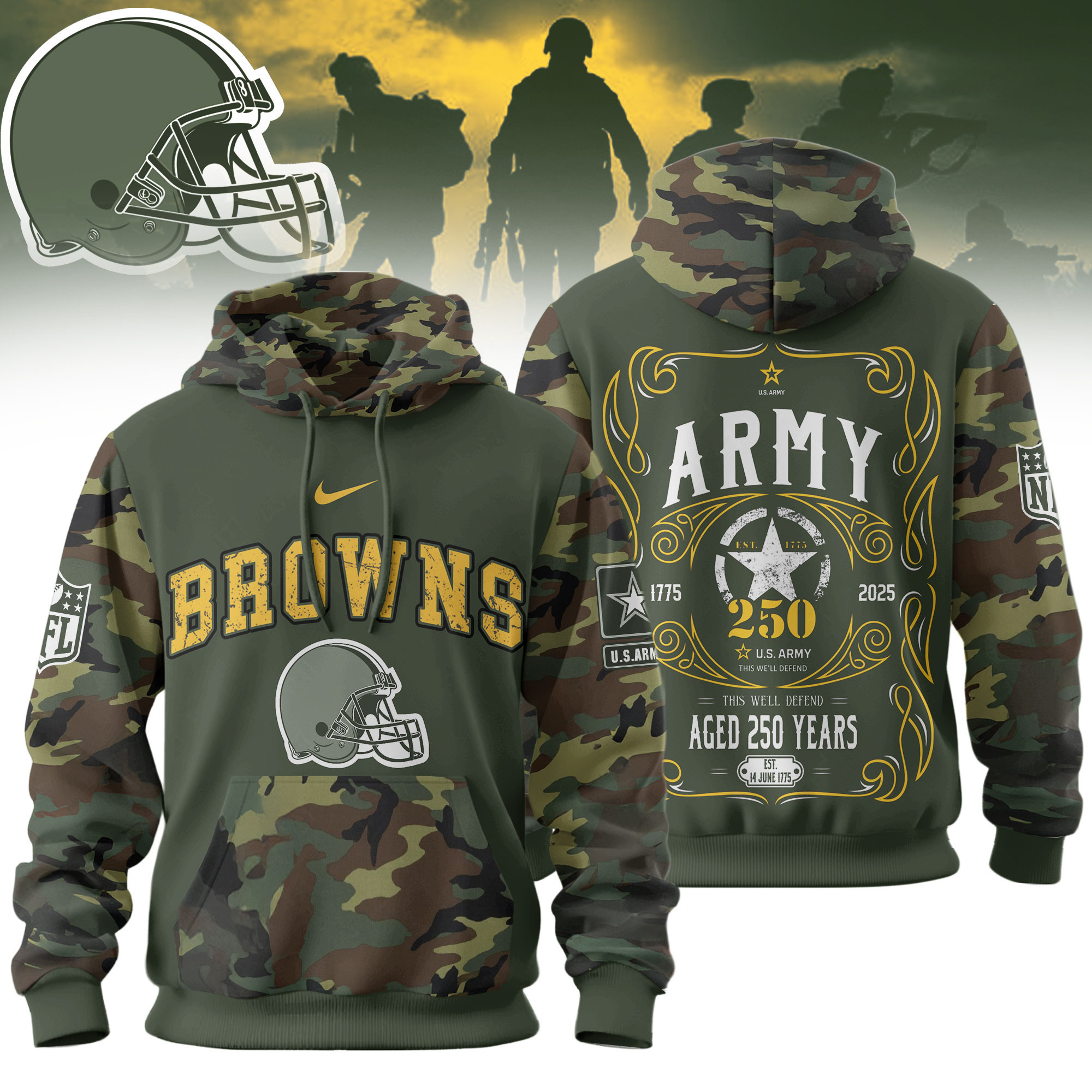 Cleveland Browns | Premium NFL US Army 250th anniversary 3D Hoodie TD