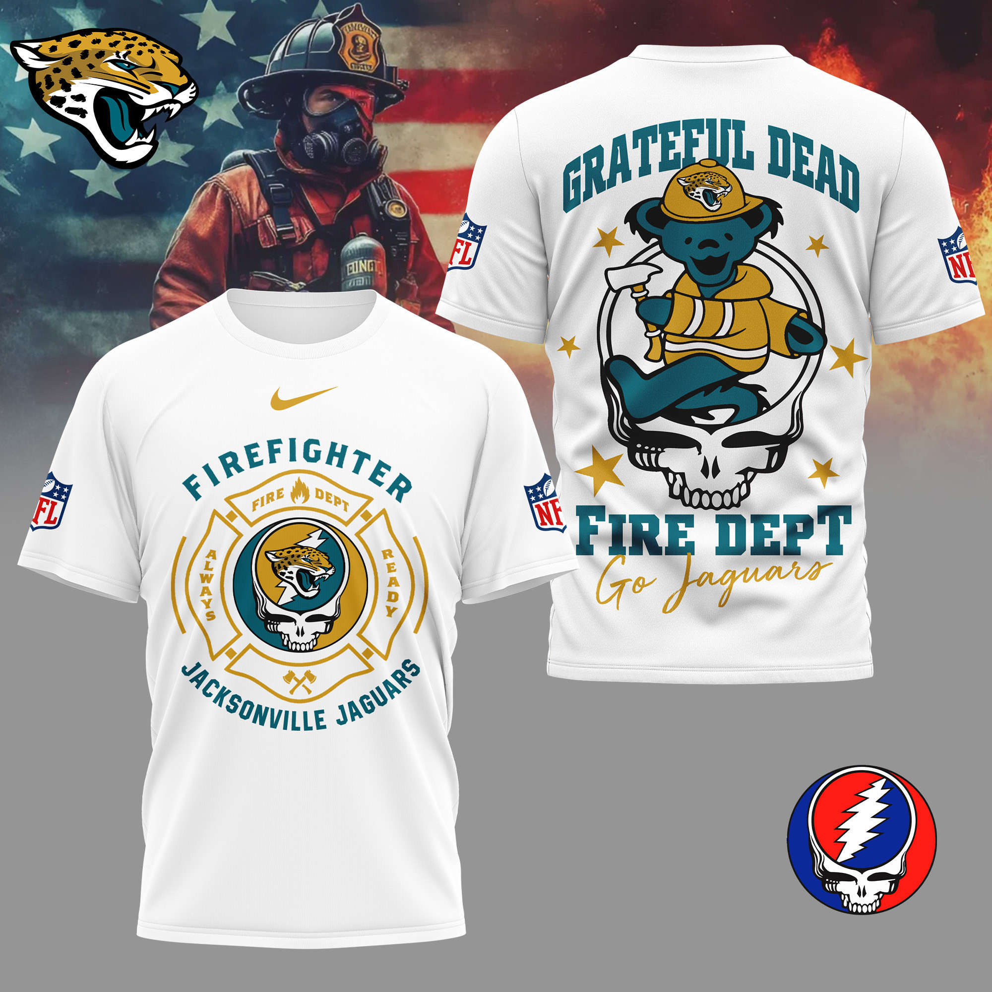 Jacksonville Jaguars | Premium NFL Grateful Dead Firefighter 3D Shirt NY
