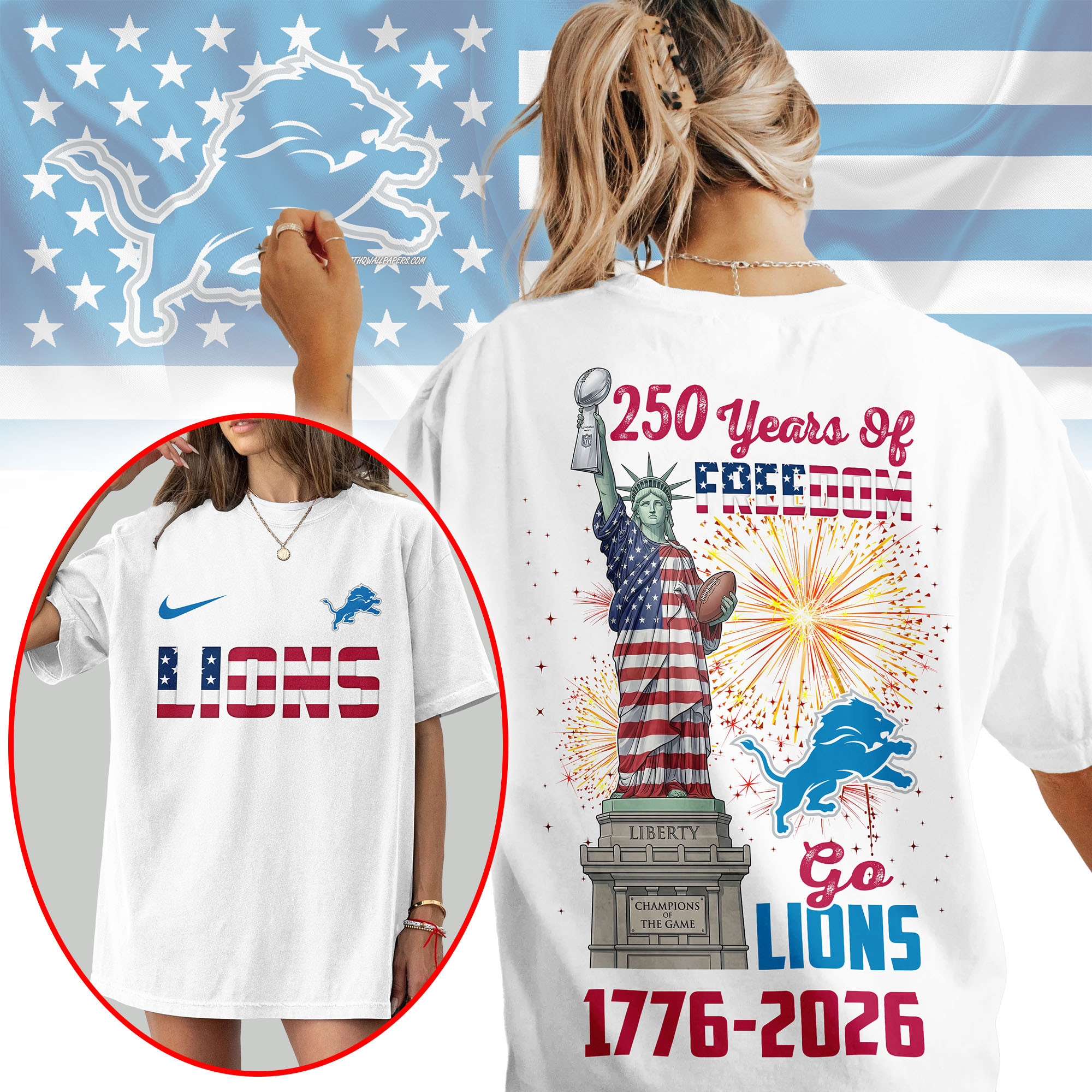 Detroit Lions | Premium NFL Statue Of Liberty 250th Anniversary 3D Shirt NP