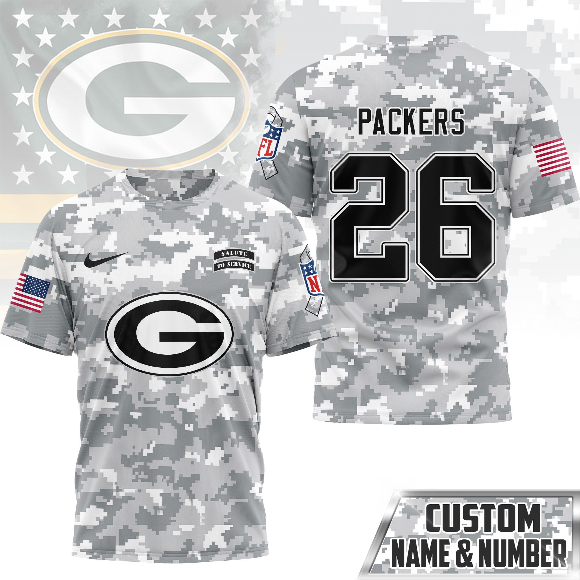 Green Bay Packers | Premium NFL Salute to Service Custom Name & Number Camo 3D Shirt NY