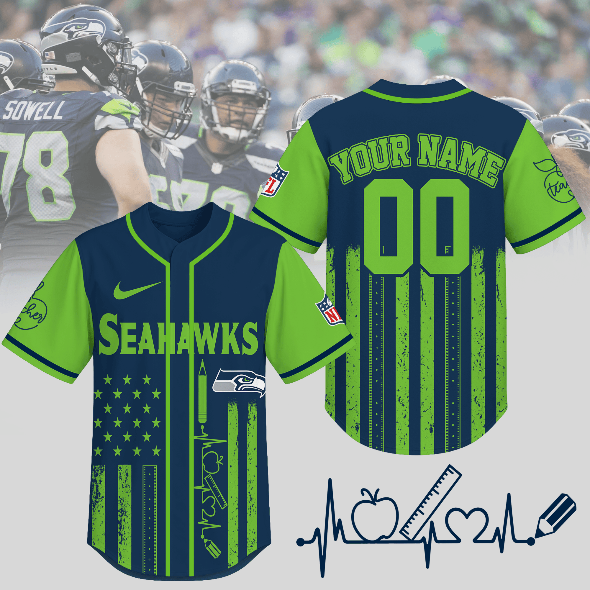 Seattle Seahawks | Premium NFL Personalized Teacher Heartbeat Jersey NTH1